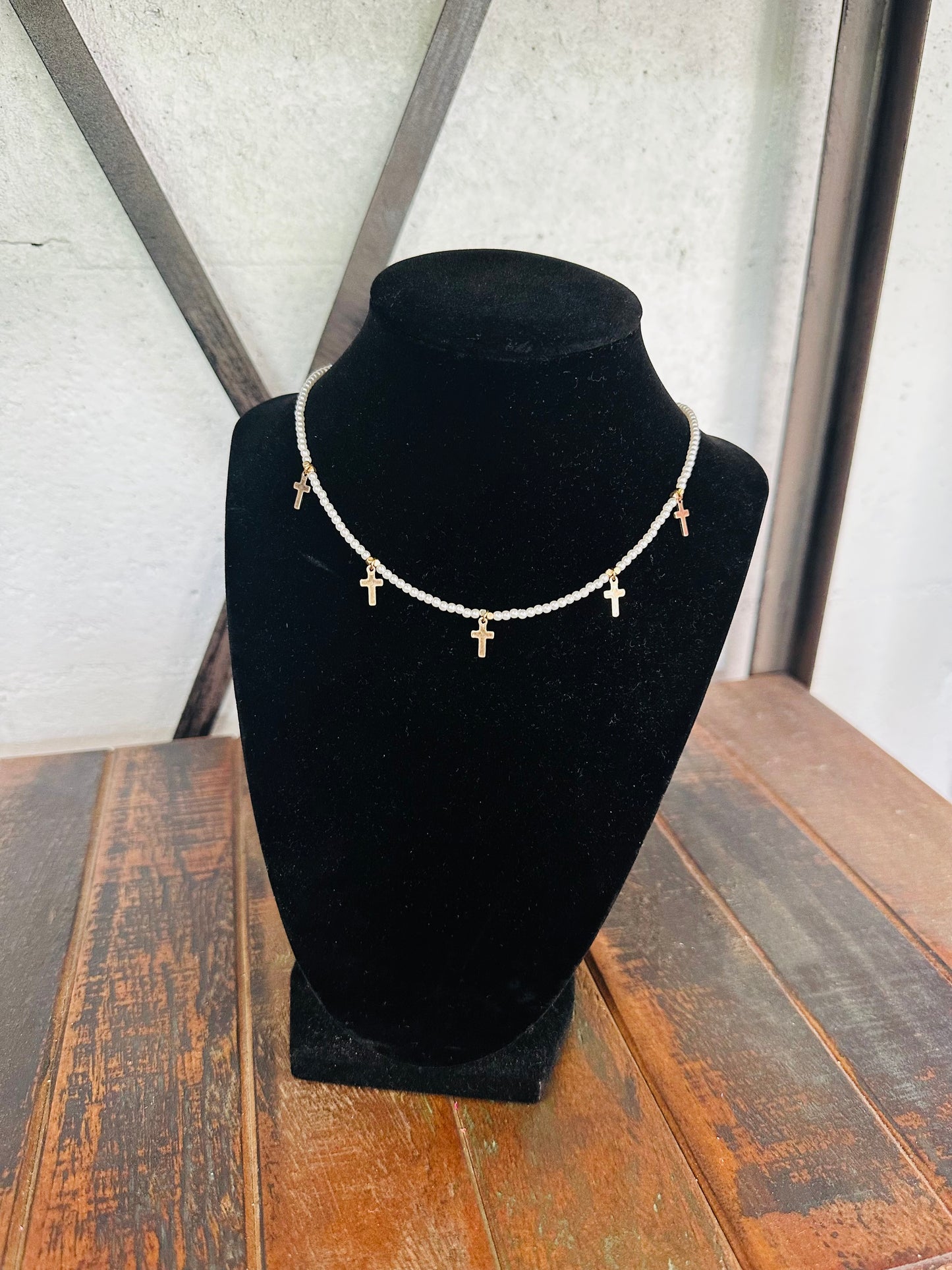 Gold Pearl + Cross Necklace