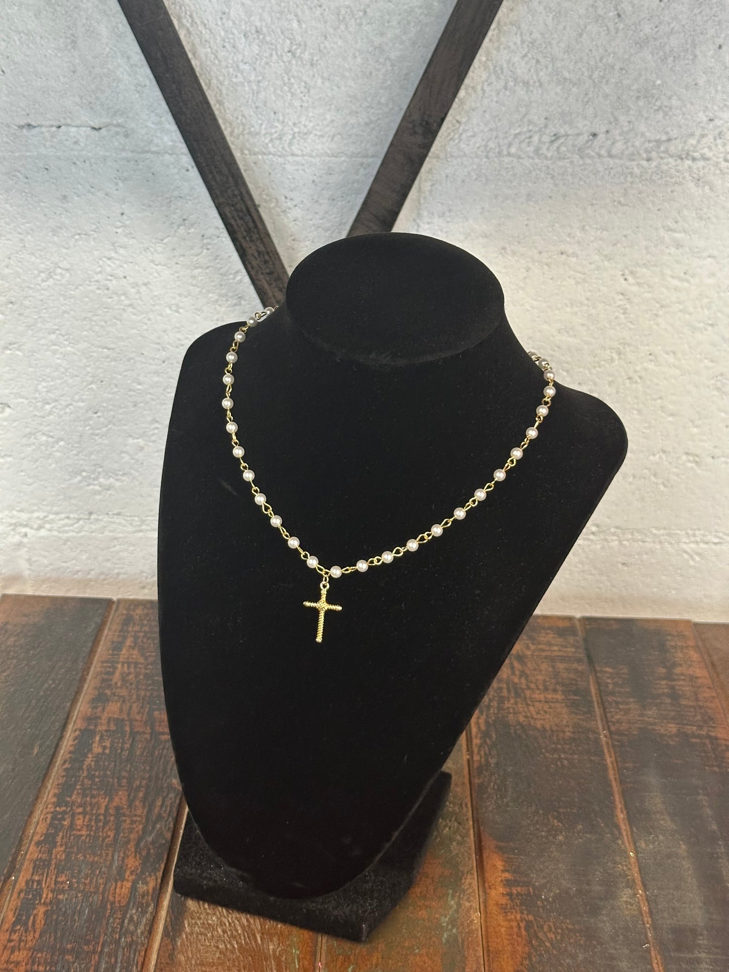 Gold + Pearl Cross Pendant Necklace
