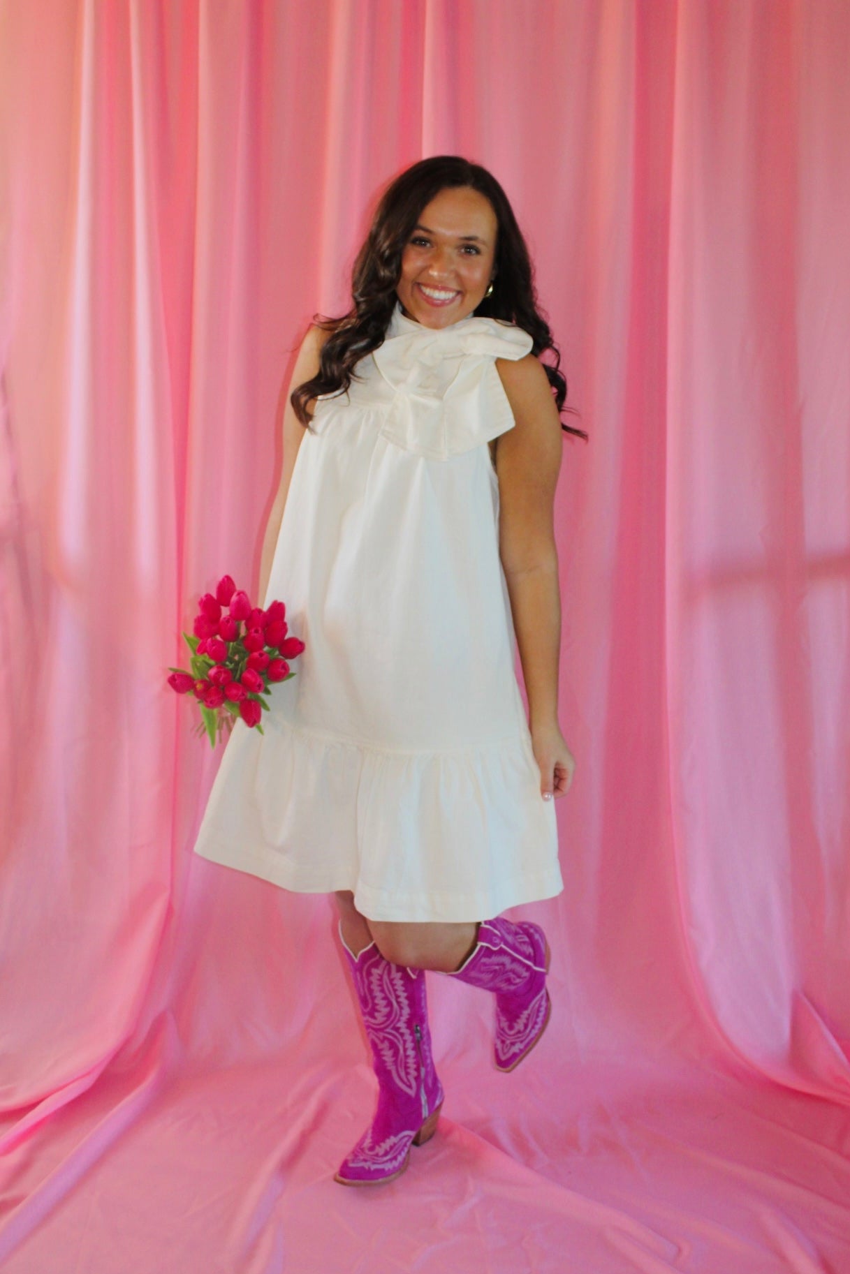 The Pearl Bow Denim Dress