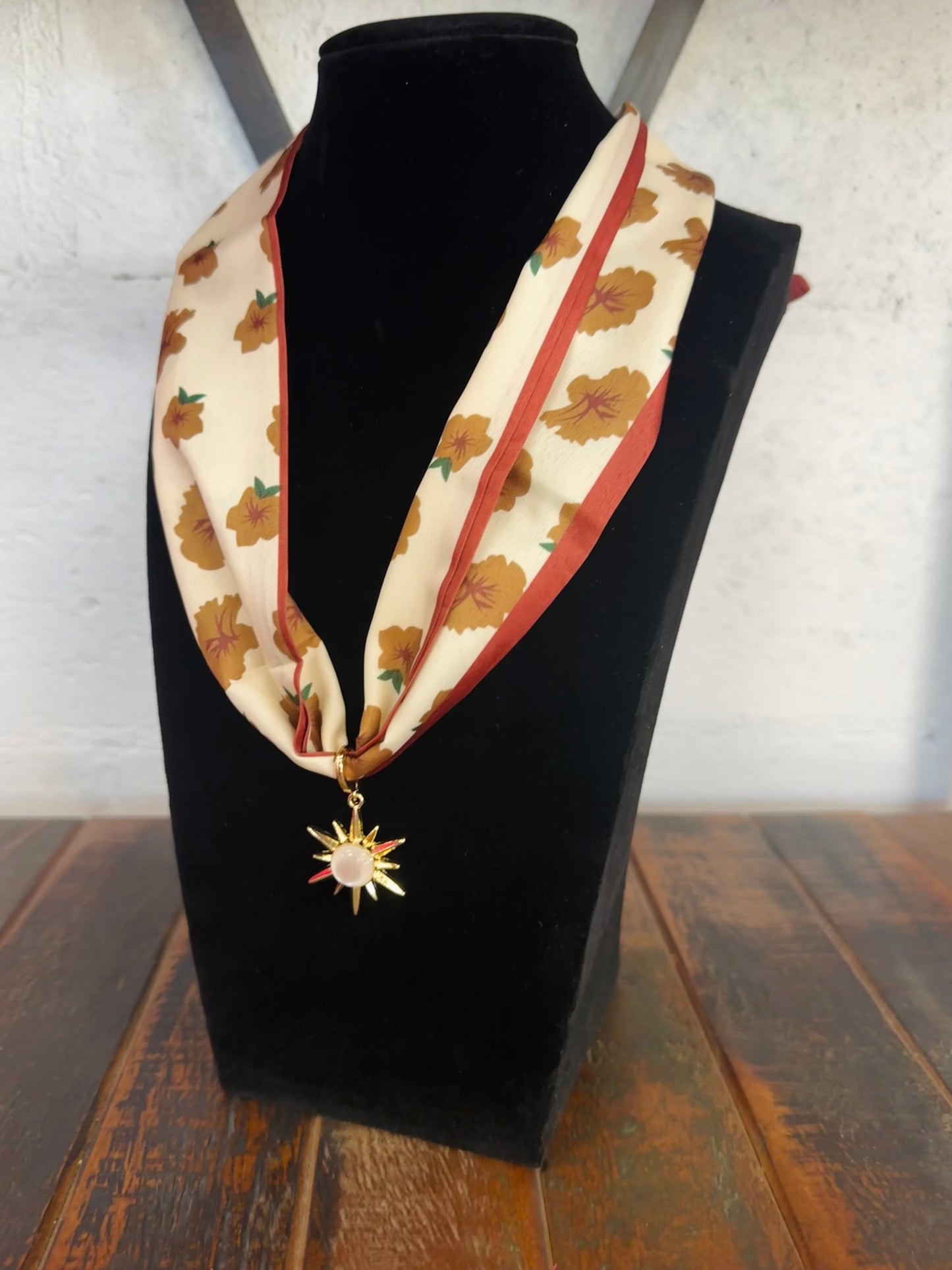 Brown Floral Silk Scarf + Gold Pendant Necklace