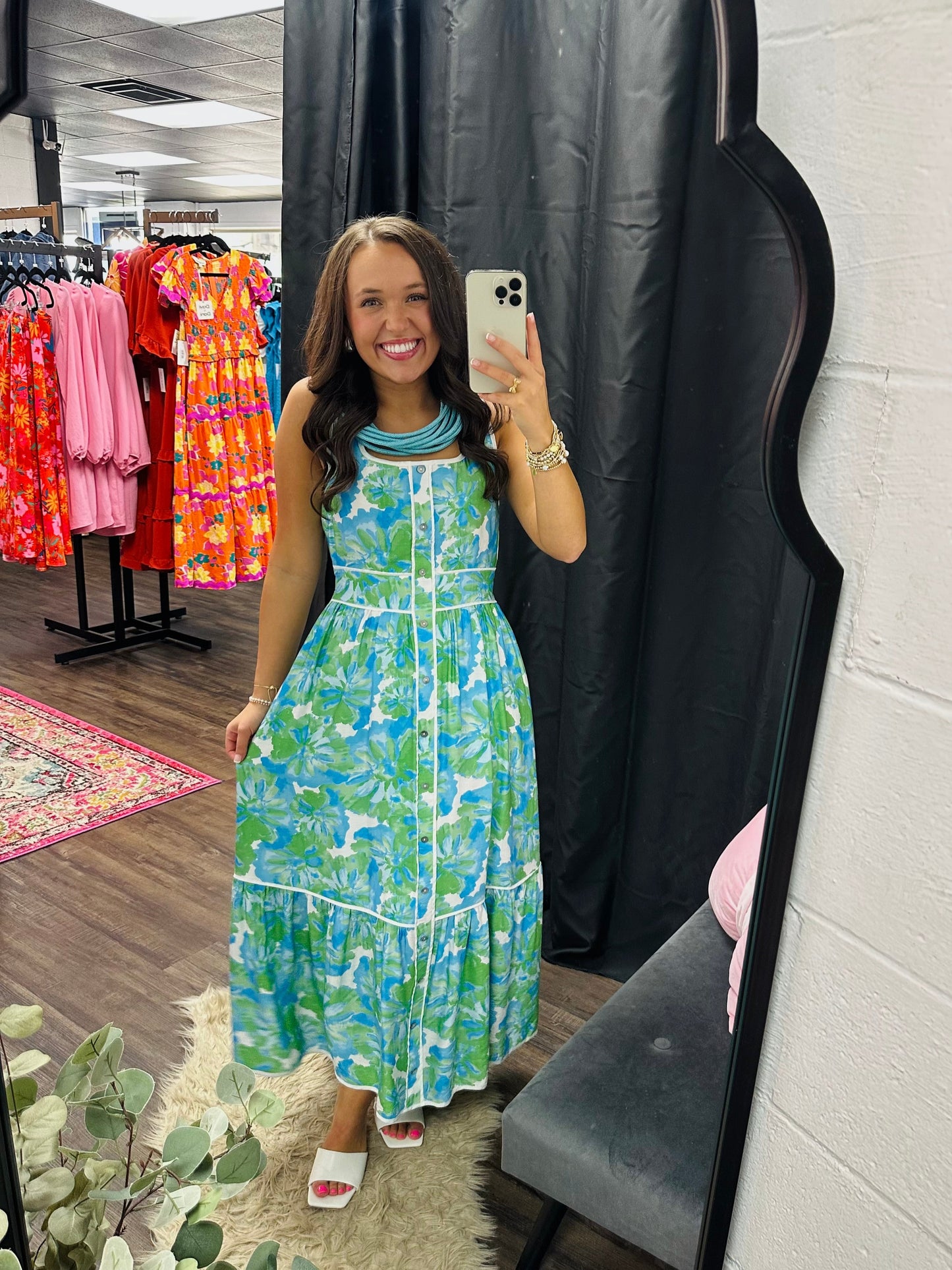 The Lakelynn Green Aqua Floral Midi Dress