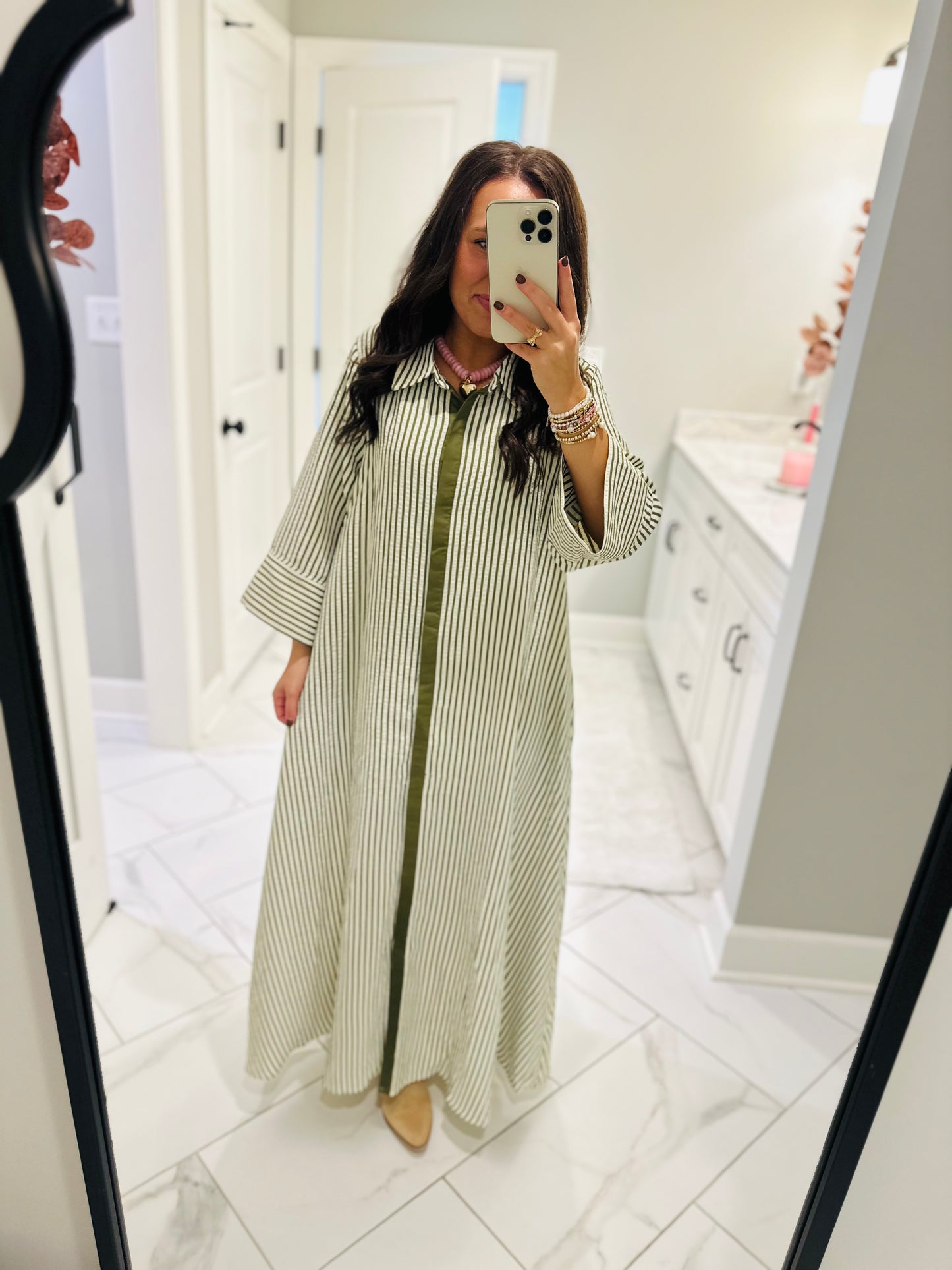 The Nora Olive Green Striped Midi Dress