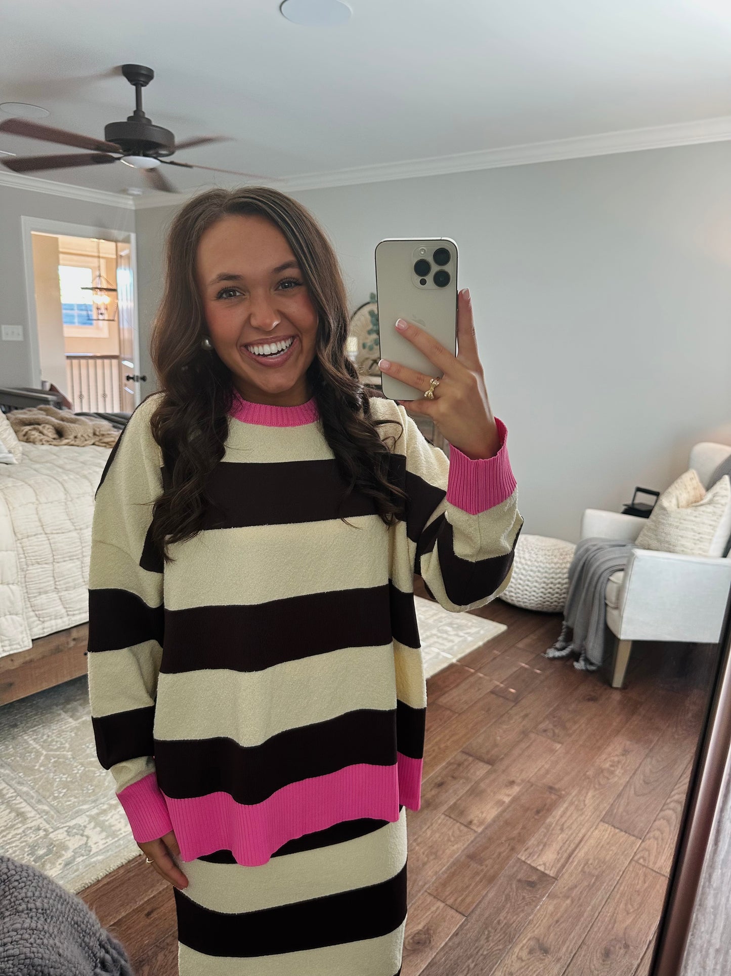 The Everlee Pink + Cream Striped Knit Sweater Top