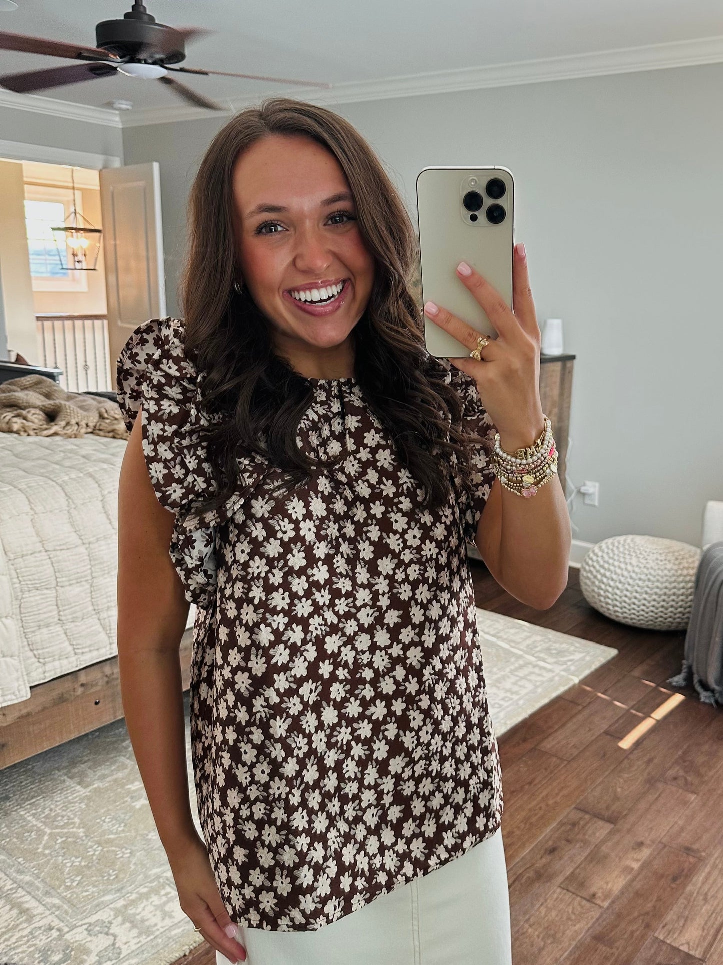 The Darci Brown Floral Ruffle Sleeve Top