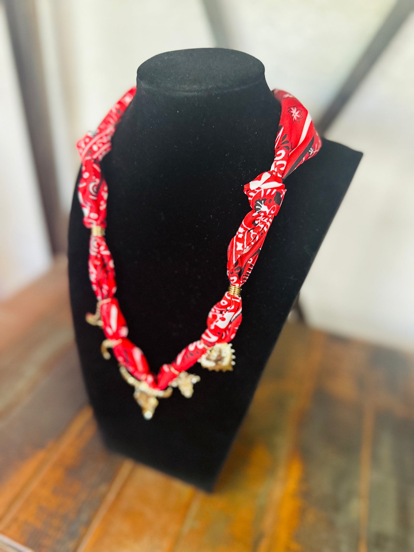 Western Steer Gold Charm Scarf Necklace - Red