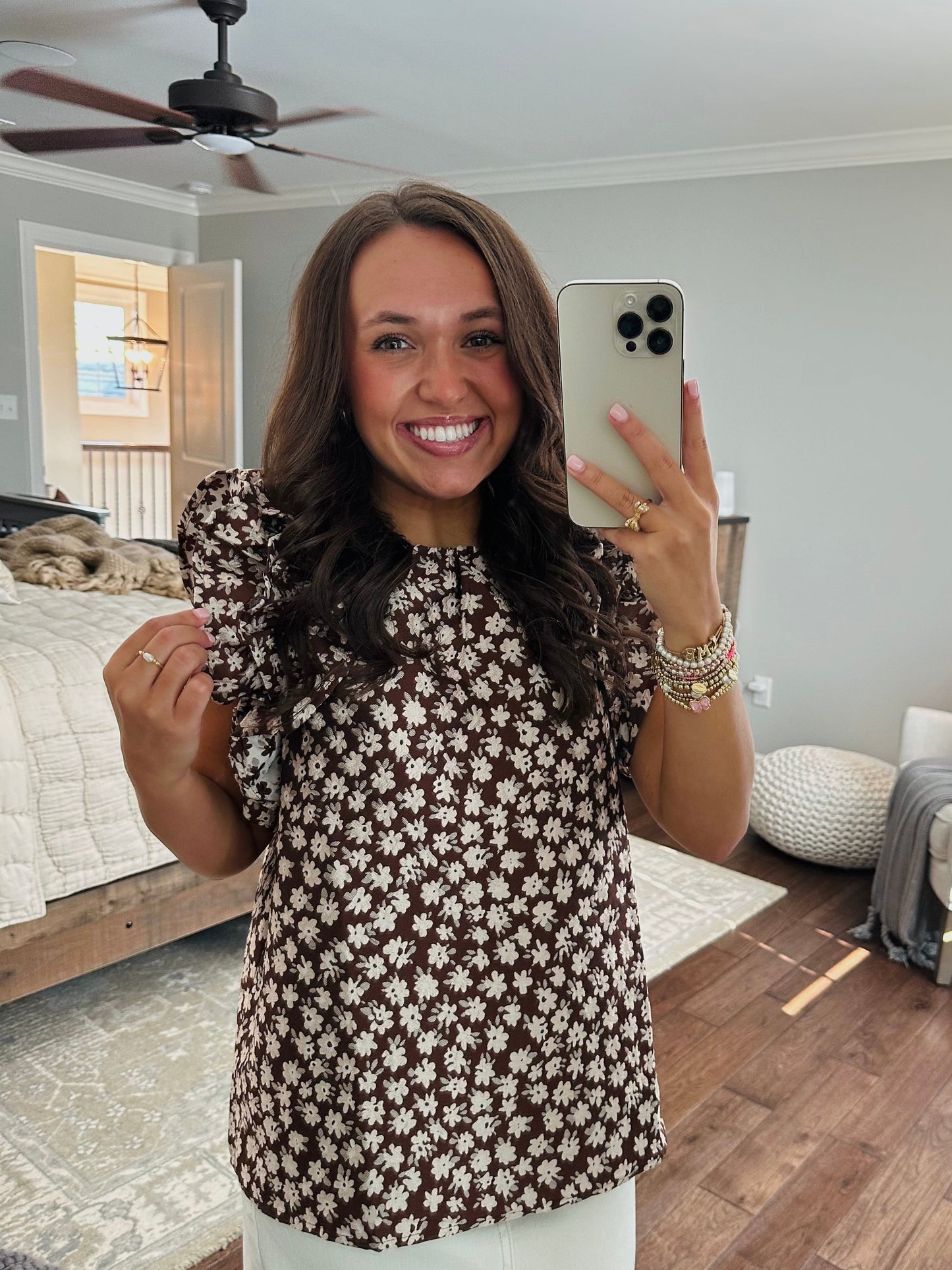 The Darci Brown Floral Ruffle Sleeve Top