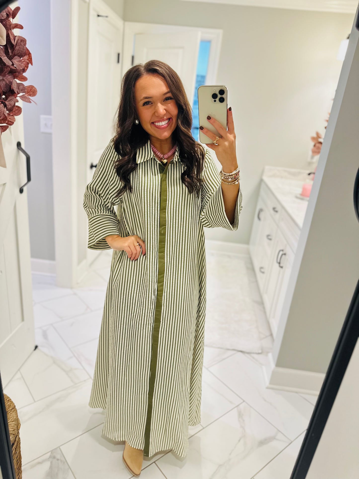 The Nora Olive Green Striped Midi Dress