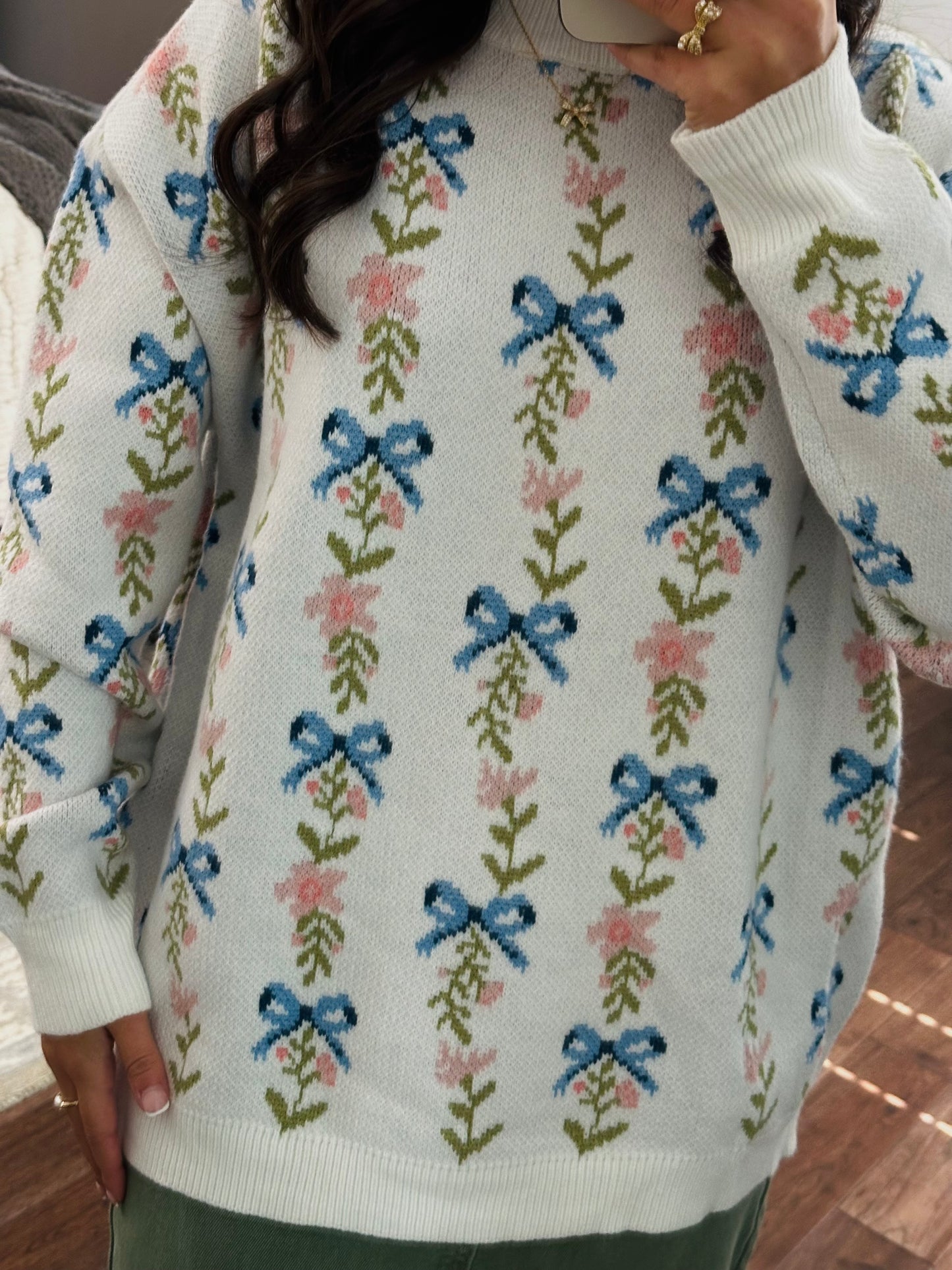 The White Coquette Ribbon Bow Floral Sweater