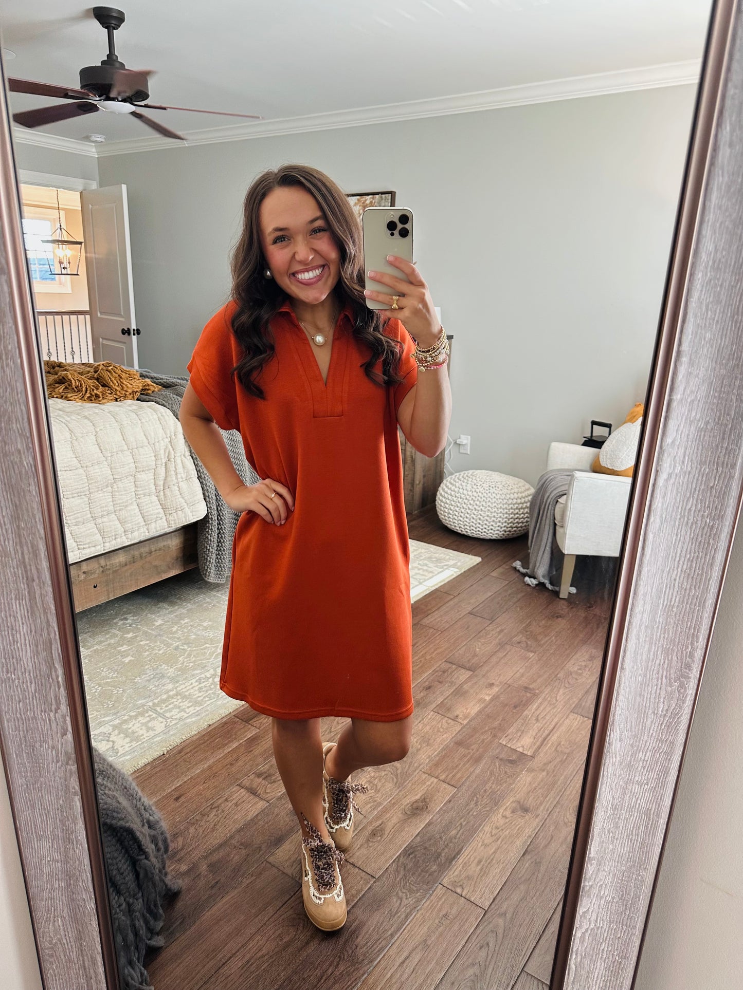The Briar Burnt Orange V-neck Shift Dress