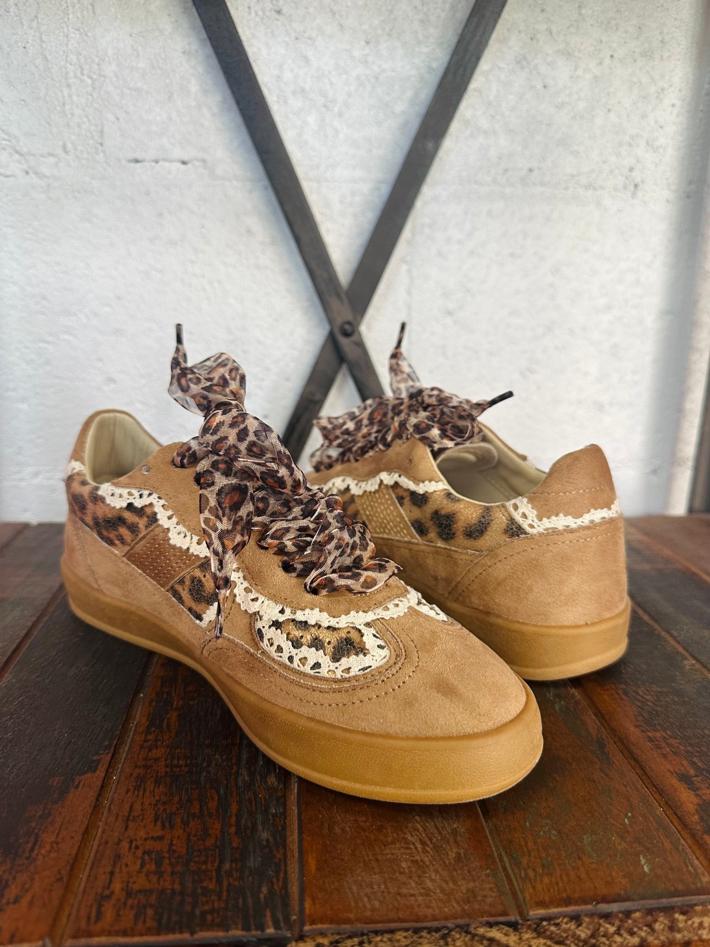 The Eleanor Camel Leopard Lace Trim Sneaker
