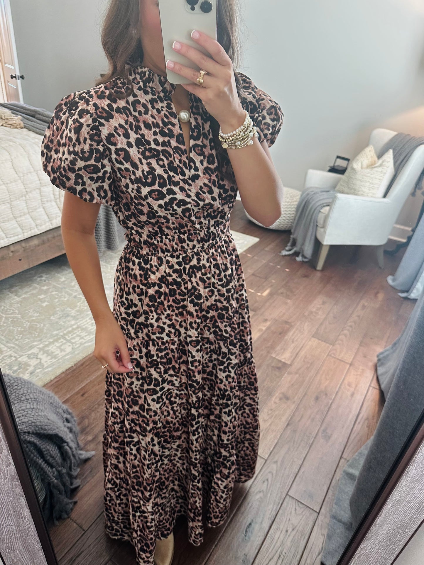 The Elizabeth Leopard Print Puff Sleeve Midi Dress