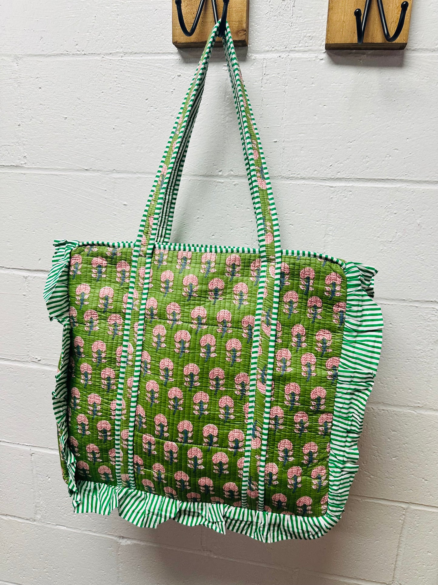 The Green Vintage Floral Ruffle Quilted Tote Bag