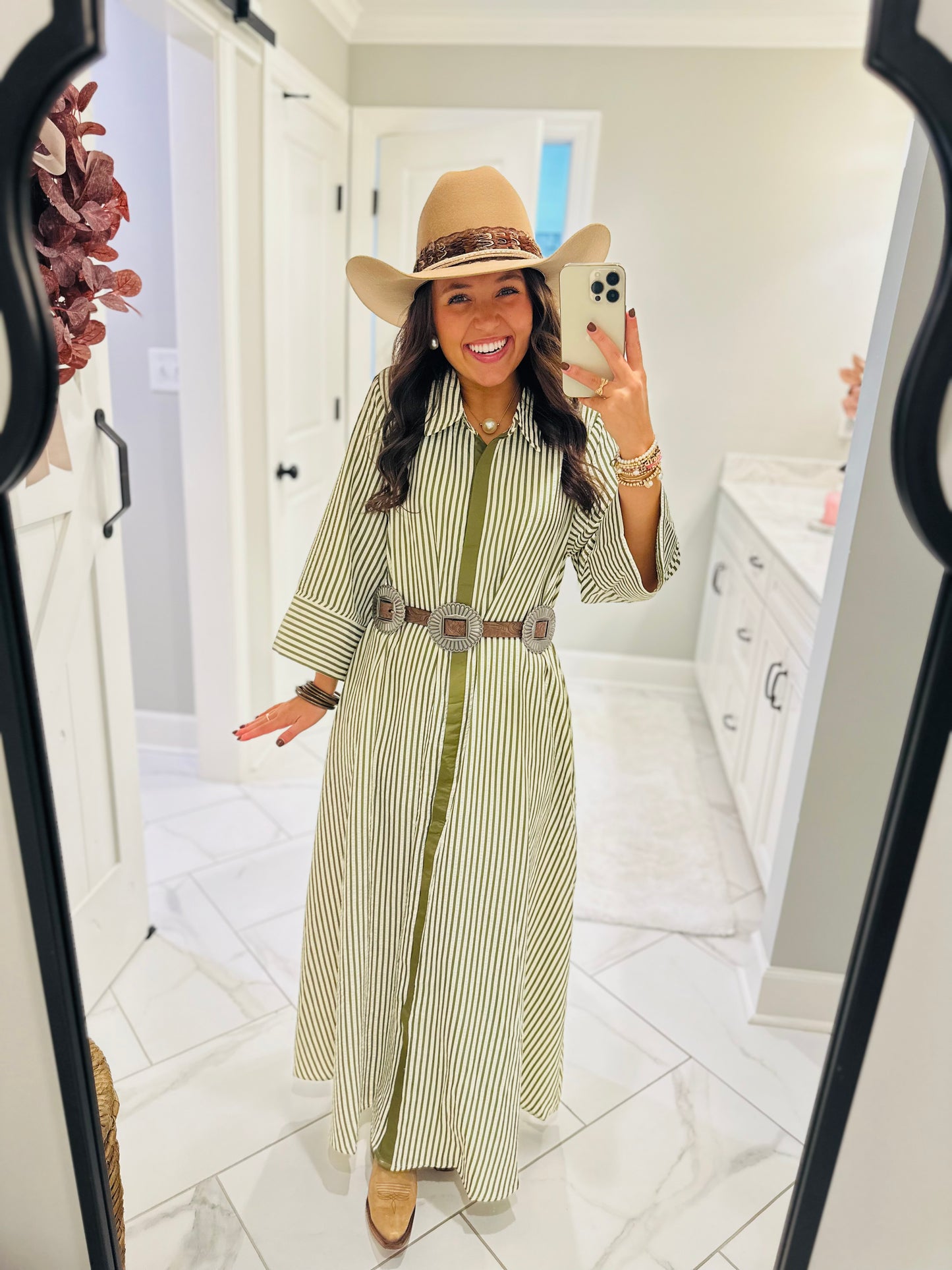The Nora Olive Green Striped Midi Dress