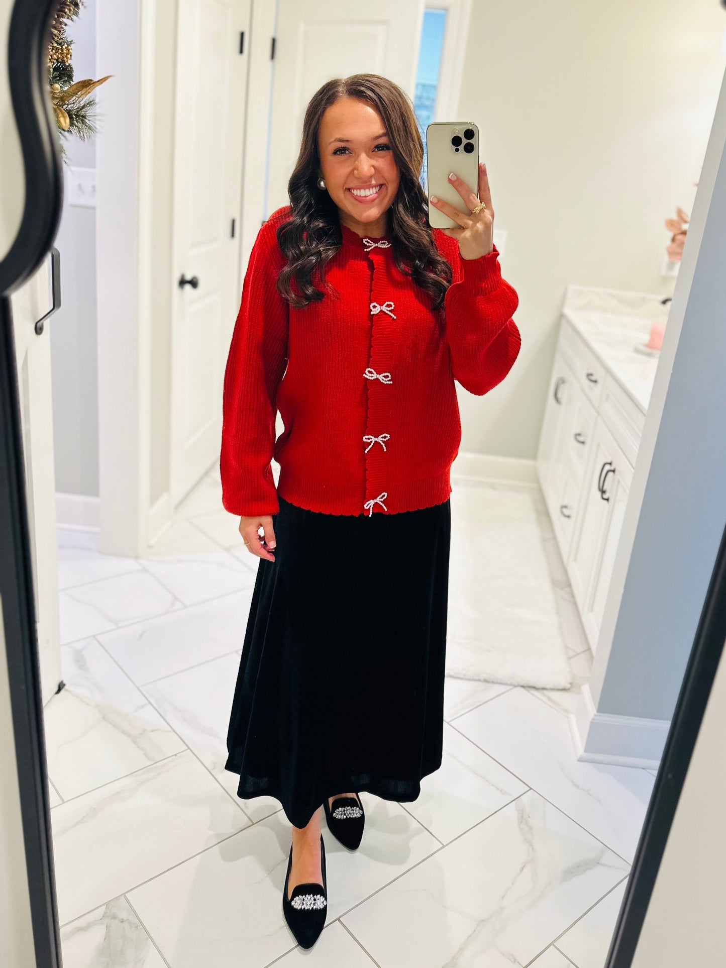 The Gloria Red Knit Bow Cardigan