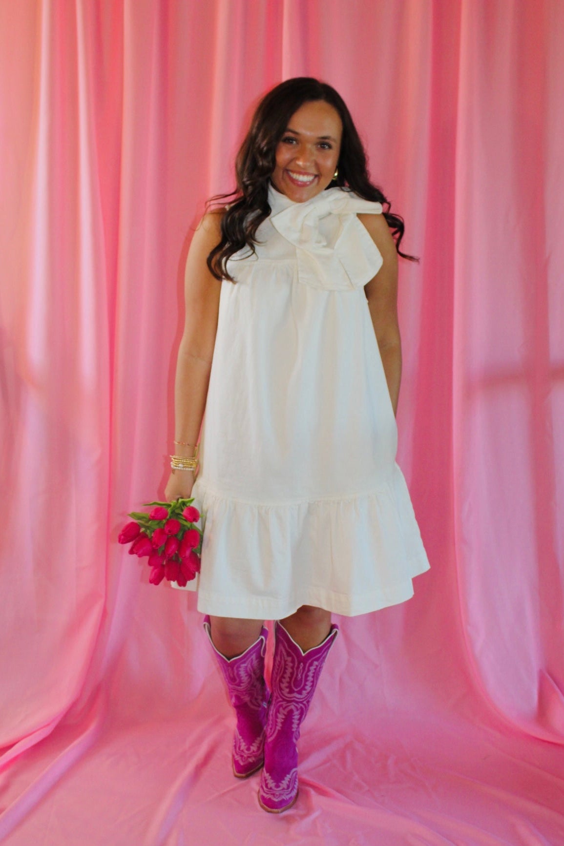 The Pearl Bow Denim Dress