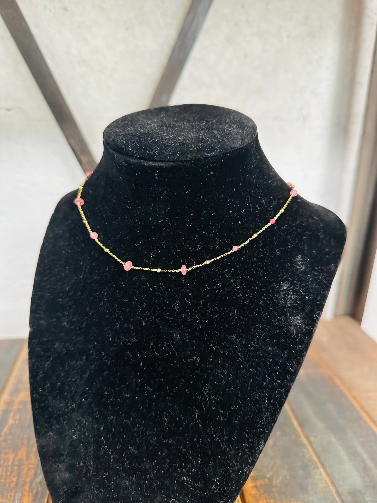 Dainty Pink Stone Bead Necklace