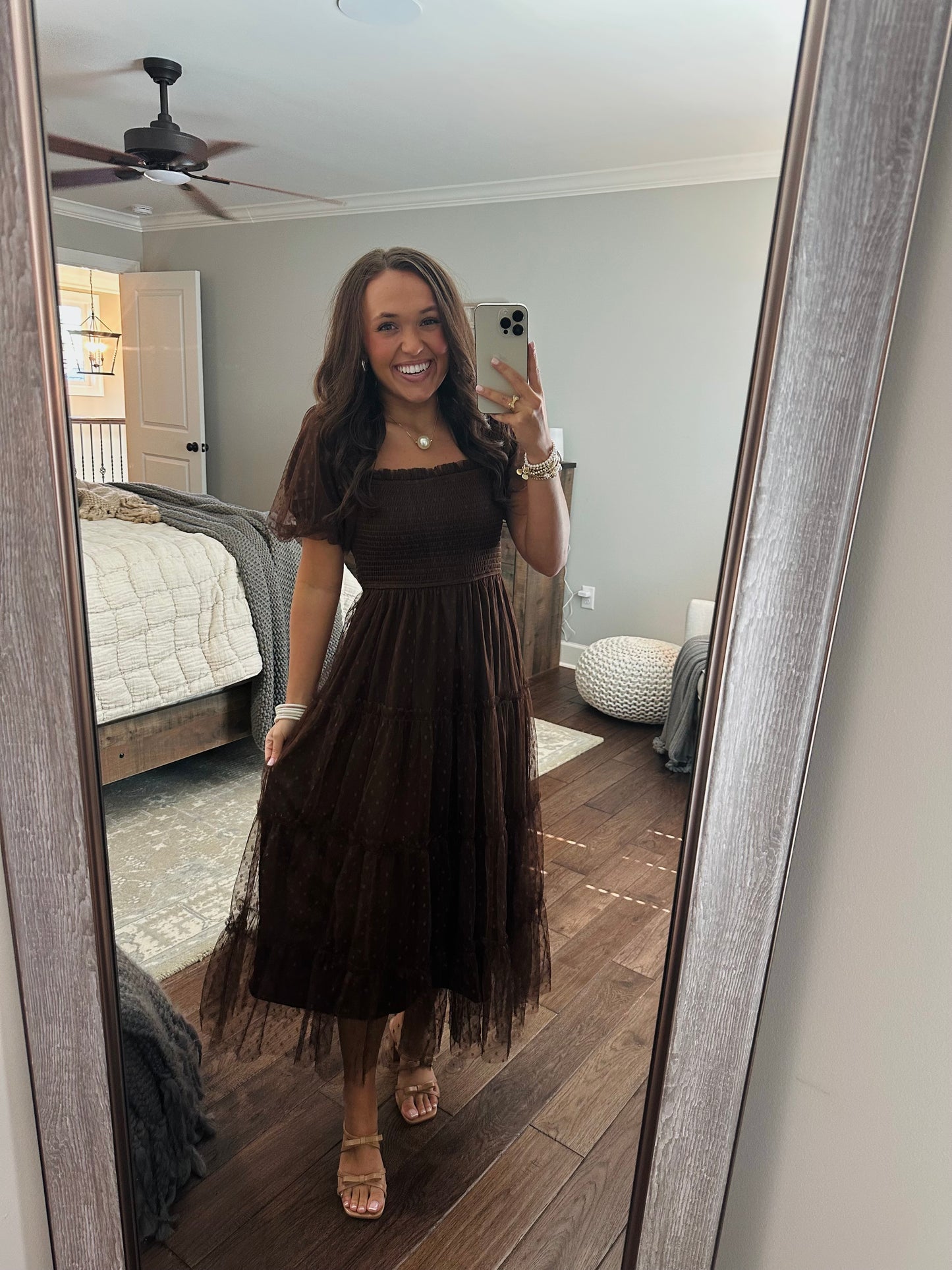 The Autumn Brown Polka Dot Chiffon Puff Sleeve Midi Dress