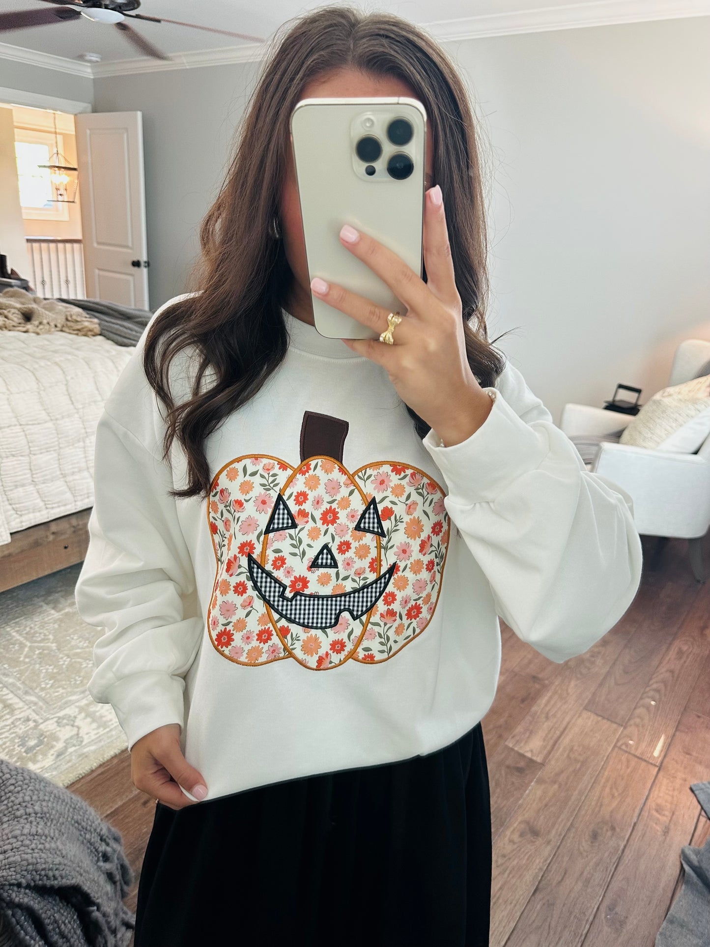 The Floral Printed Pumpkin Patchwork Crewneck