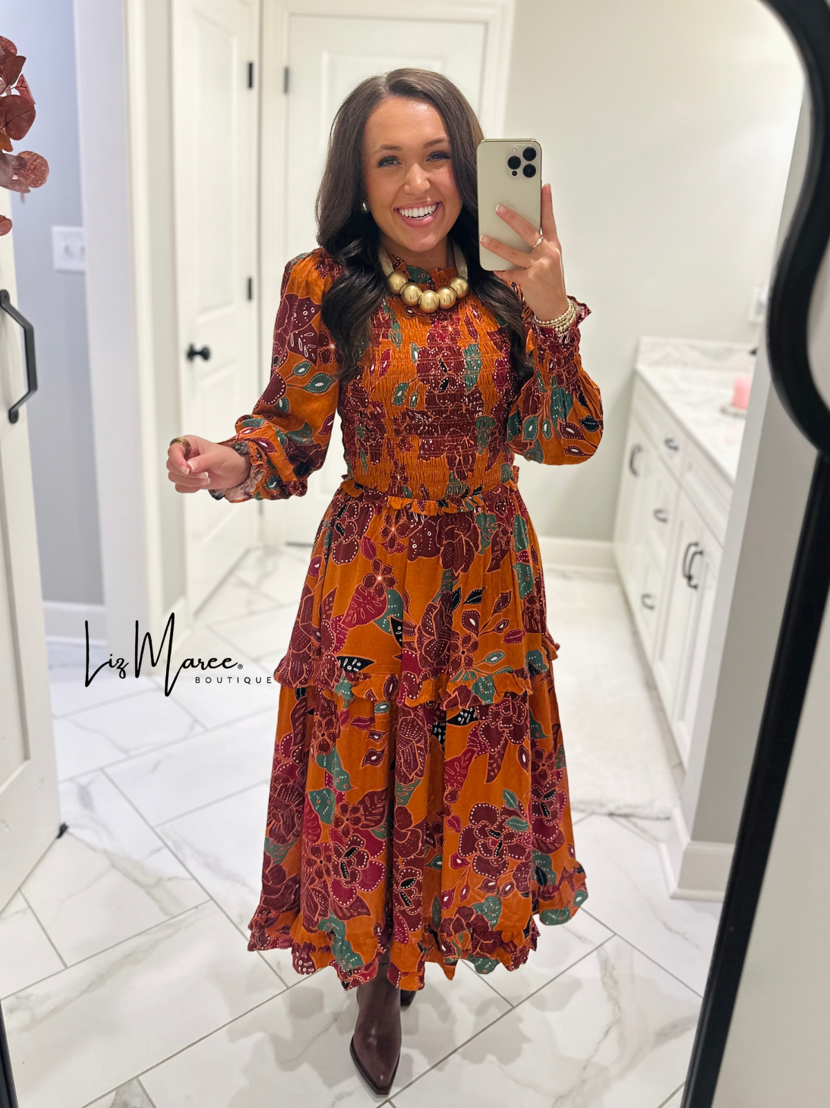 The Marven Rust Brown Floral Smocked Midi Dress