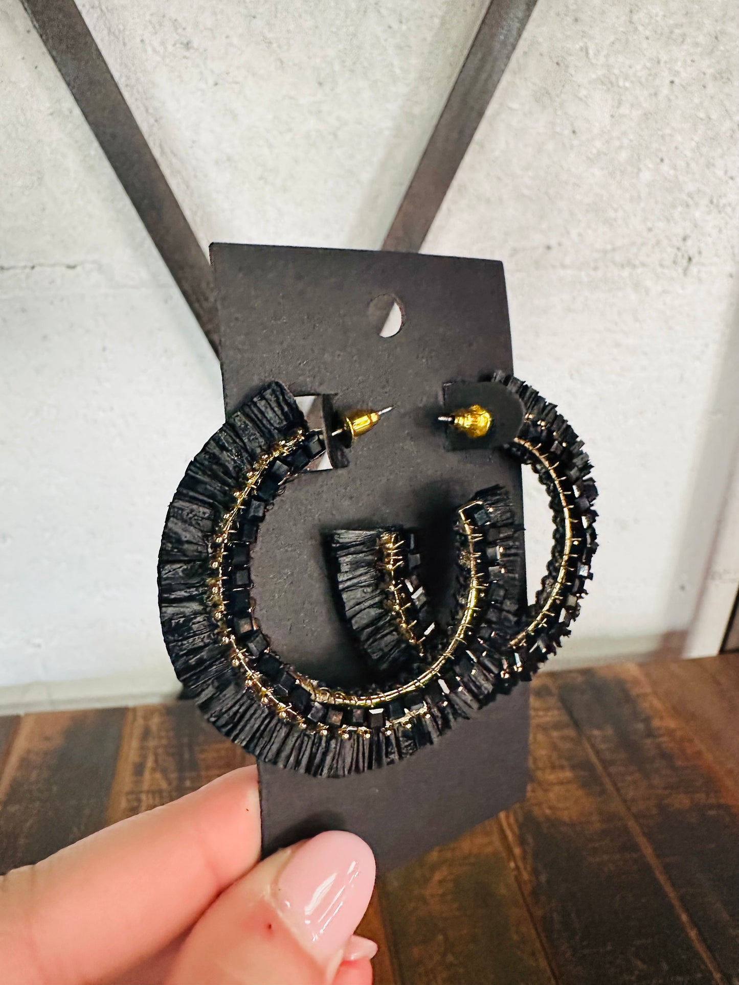 Black Beaded Raffia Hoop Earrings