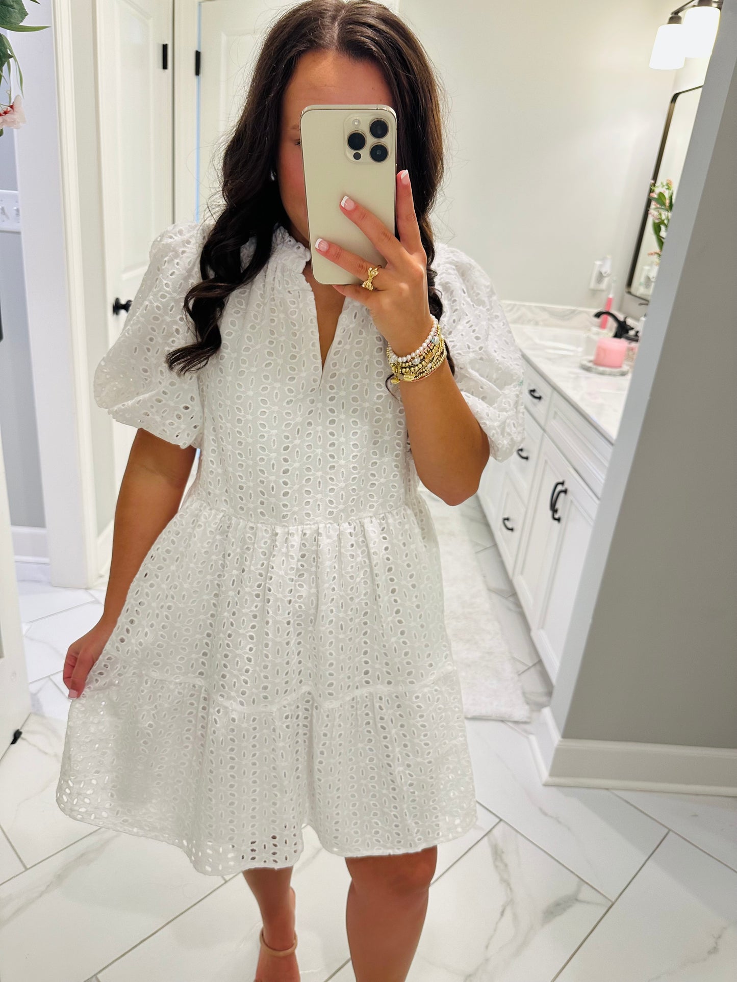 The Jacey White Babydoll Eyelet Dress