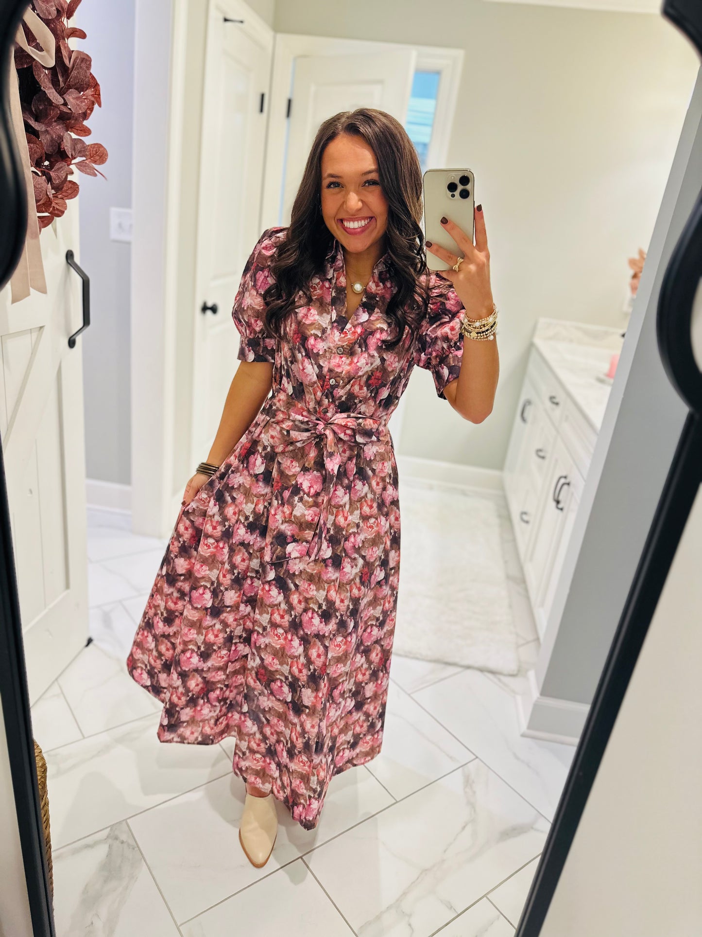 The Maggie Pink + Brown Floral Midi Dress