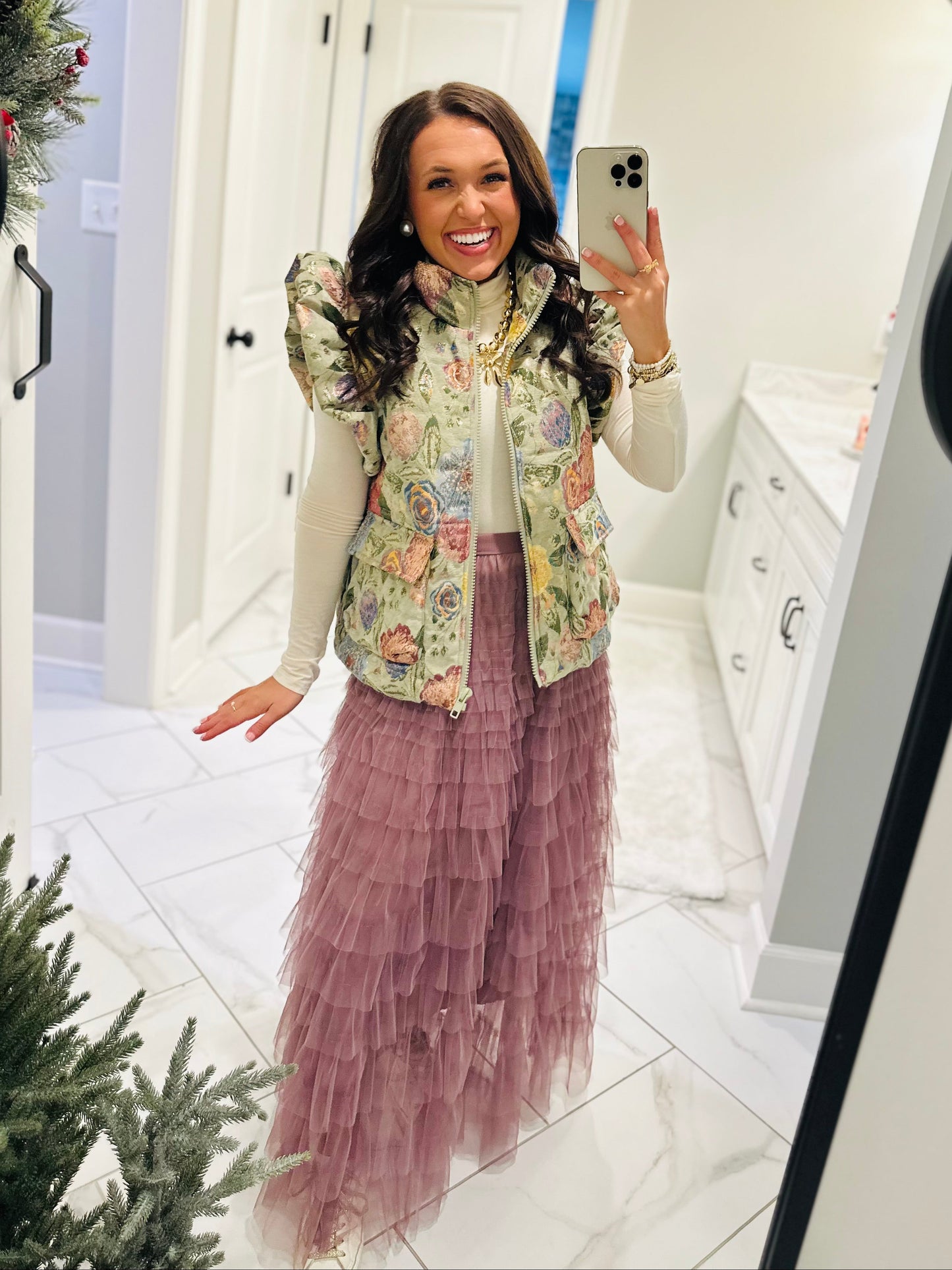 The Everlee Olive Green Floral Metallic Quilted Vest