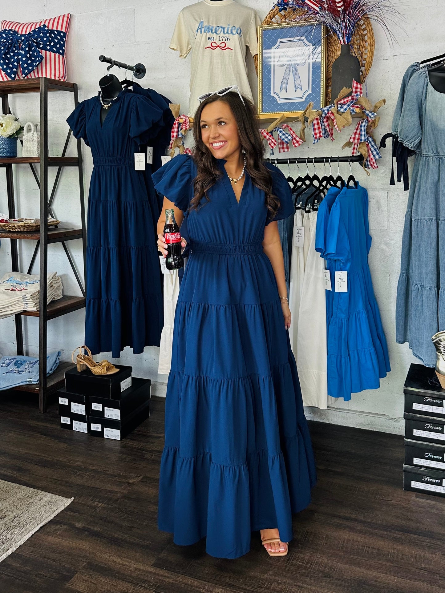 The Elizabeth Navy Puff Sleeve Midi Dress