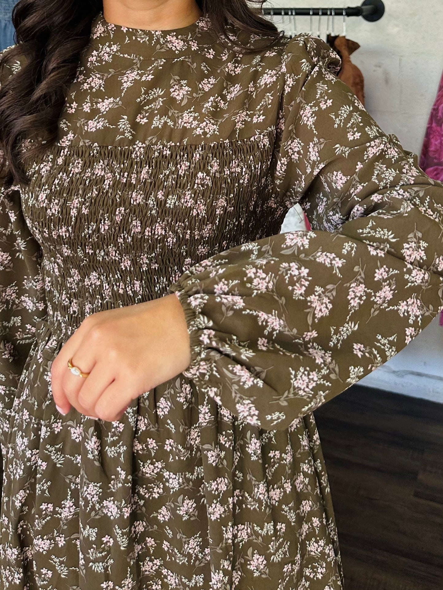 The Ainsley Olive Floral Midi Dress