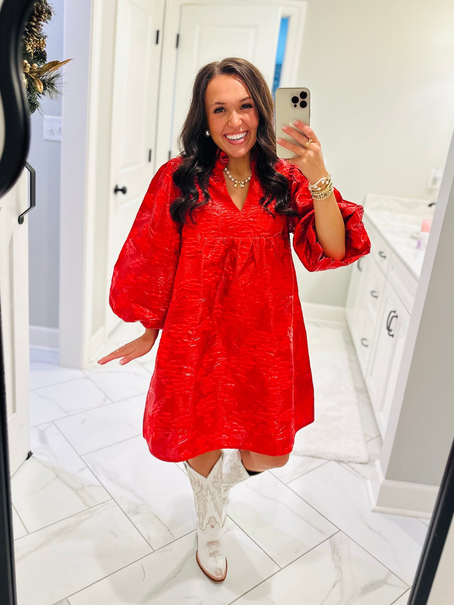 The Clara Red Jacquard Shimmer Dress