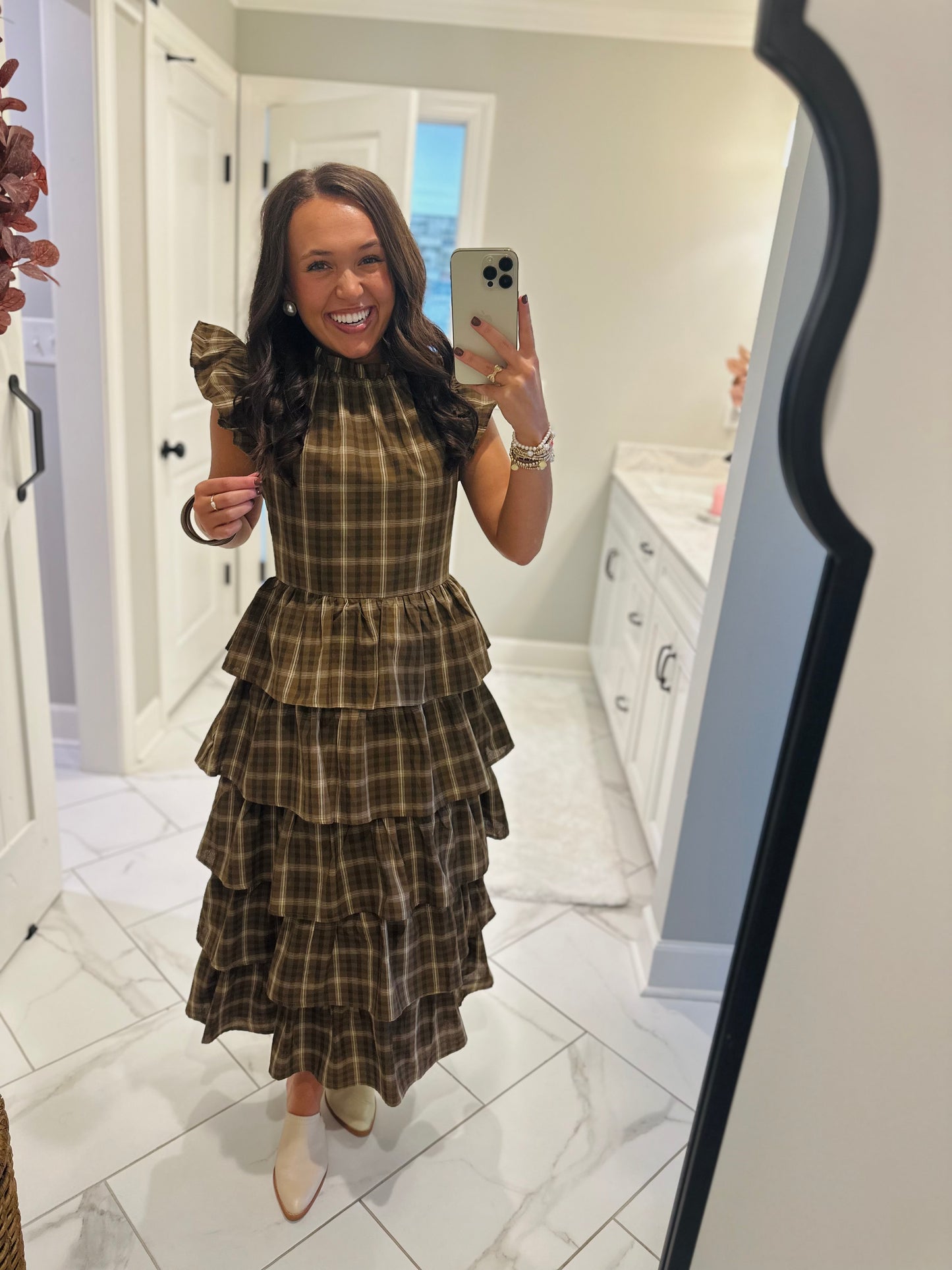 The Timber Brown Plaid Ruffle Tiered Midi Dress