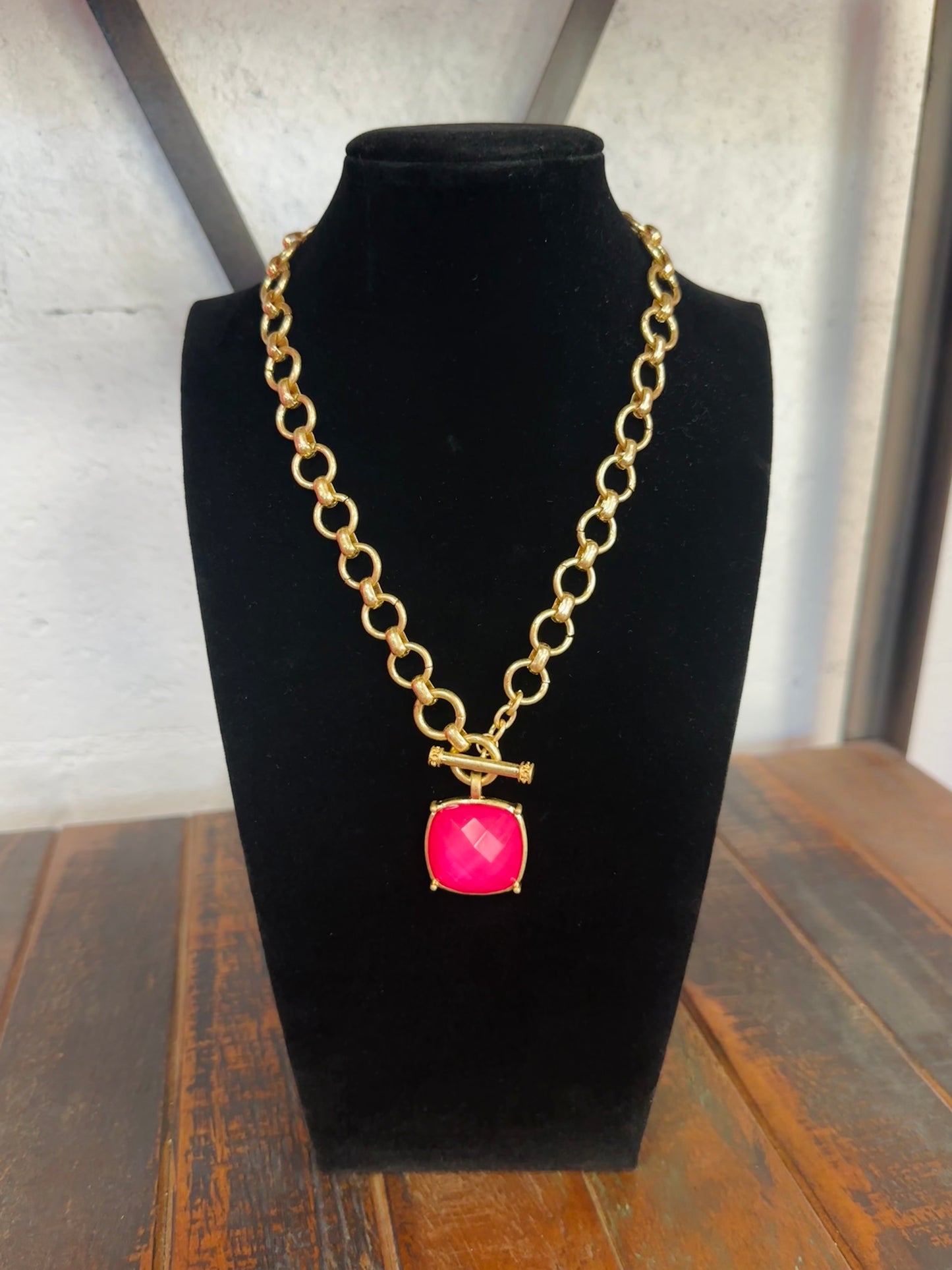 Fuchsia Square Stone Pendant Necklace