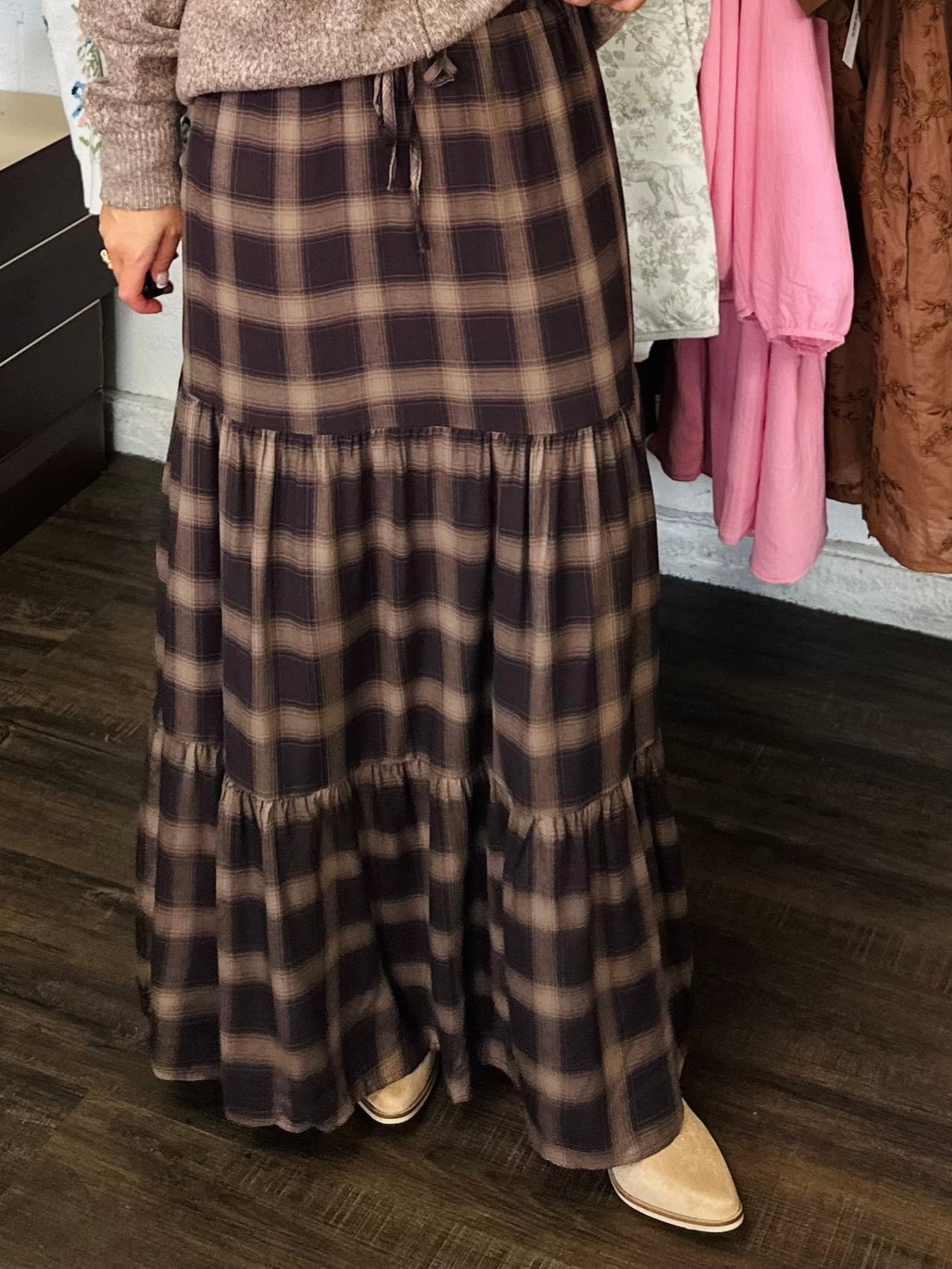 The Ember Brown Plaid Tiered Maxi Skirt