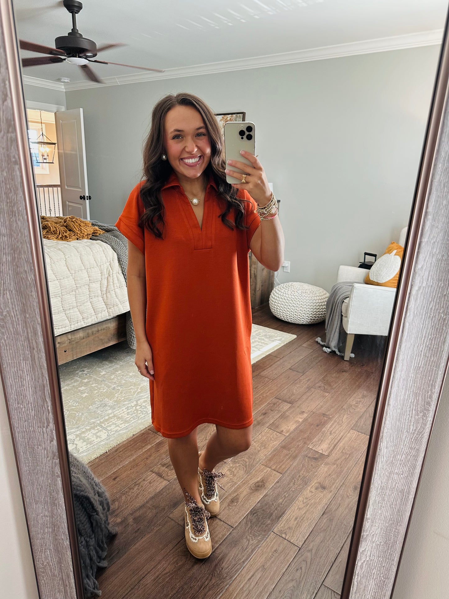 The Briar Burnt Orange V-neck Shift Dress