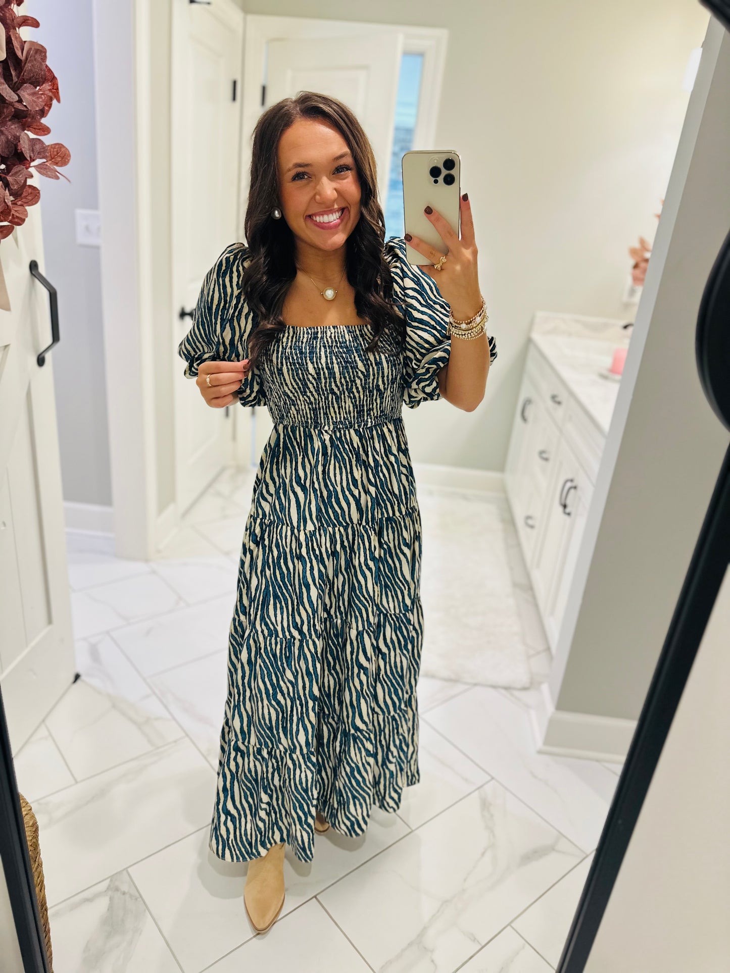 The Gracie Teal Smocked Midi Dress