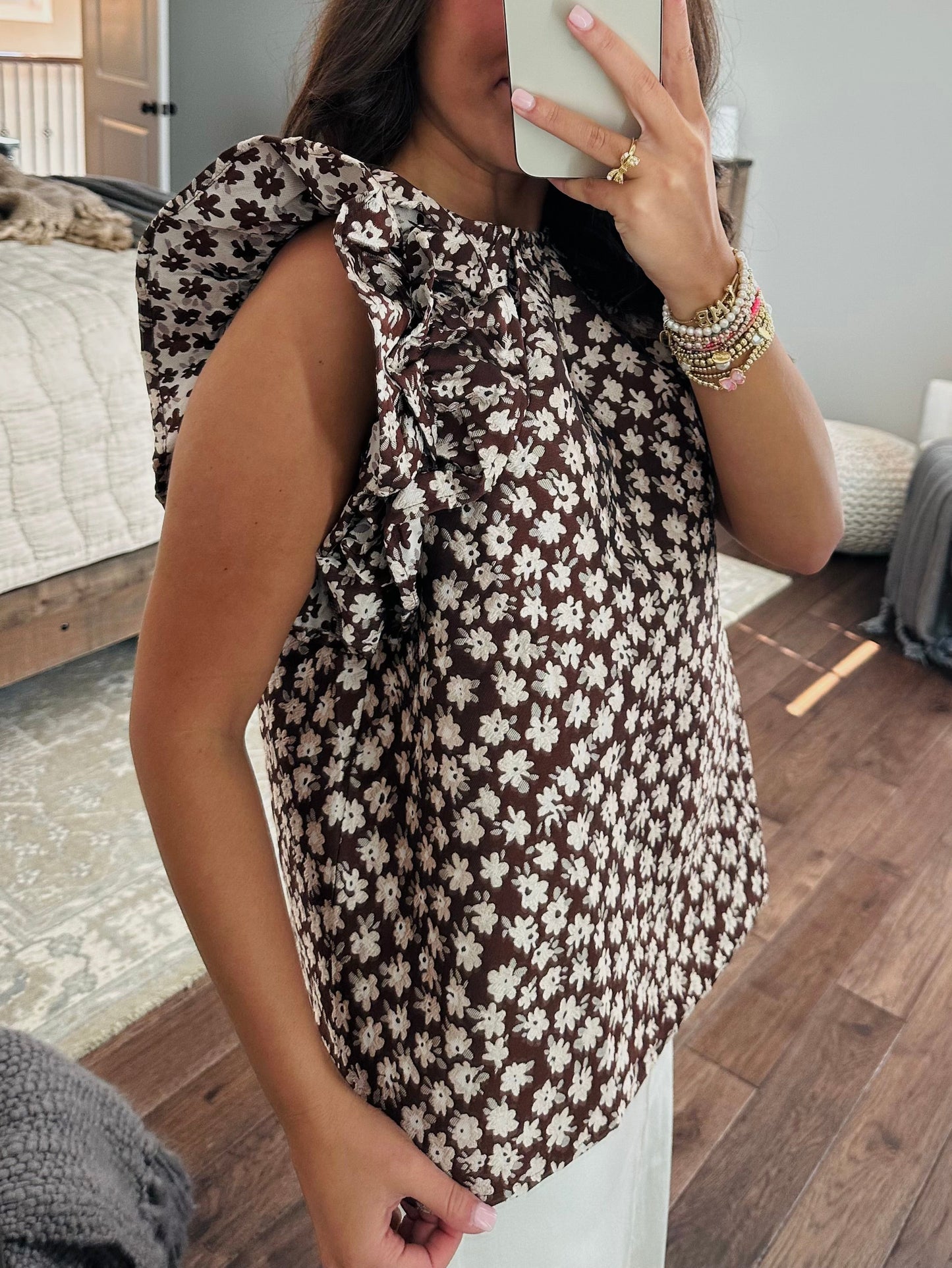 The Darci Brown Floral Ruffle Sleeve Top