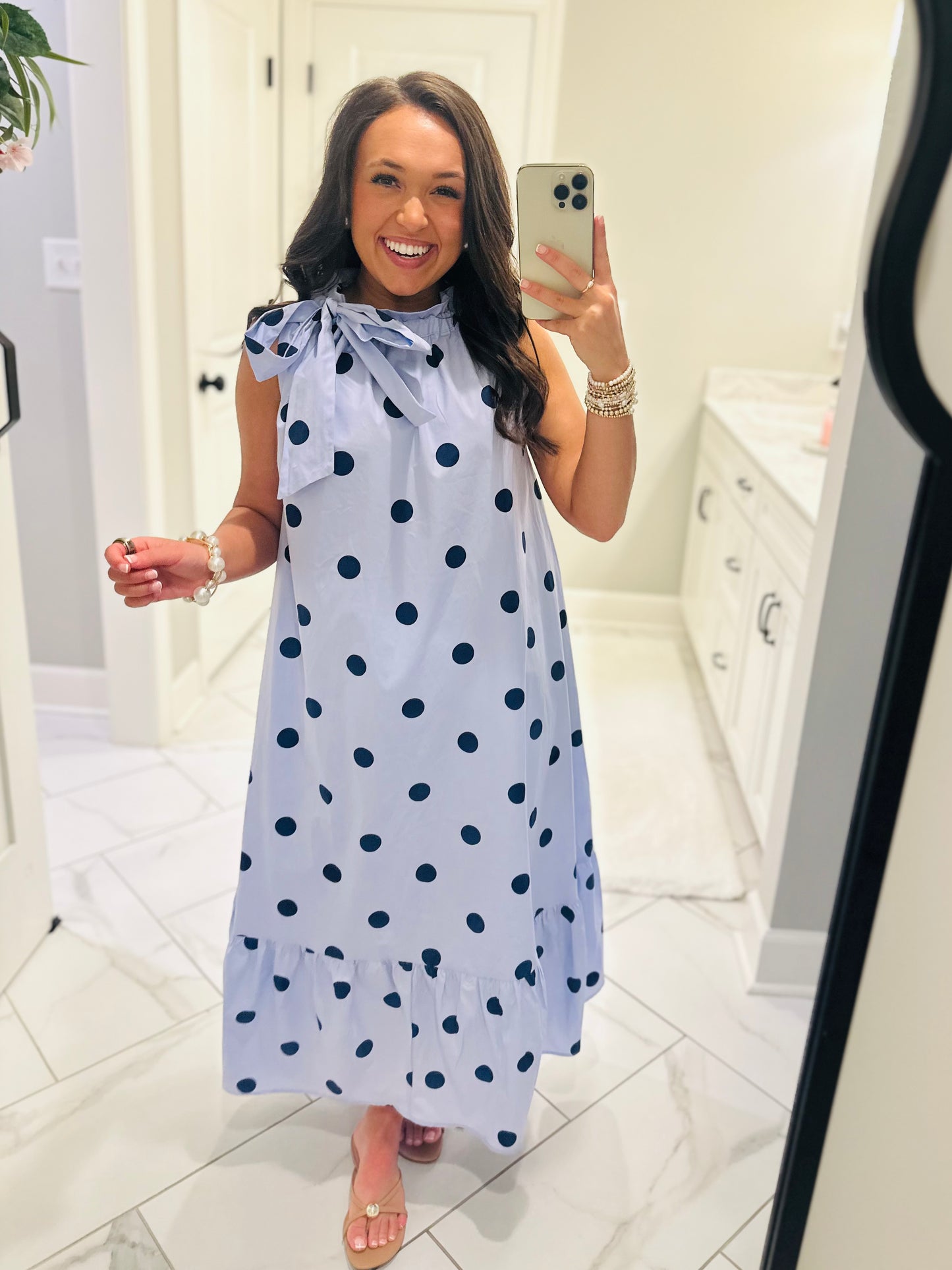 The Leighton Blue Polka Dot Neck Tie Midi Dress