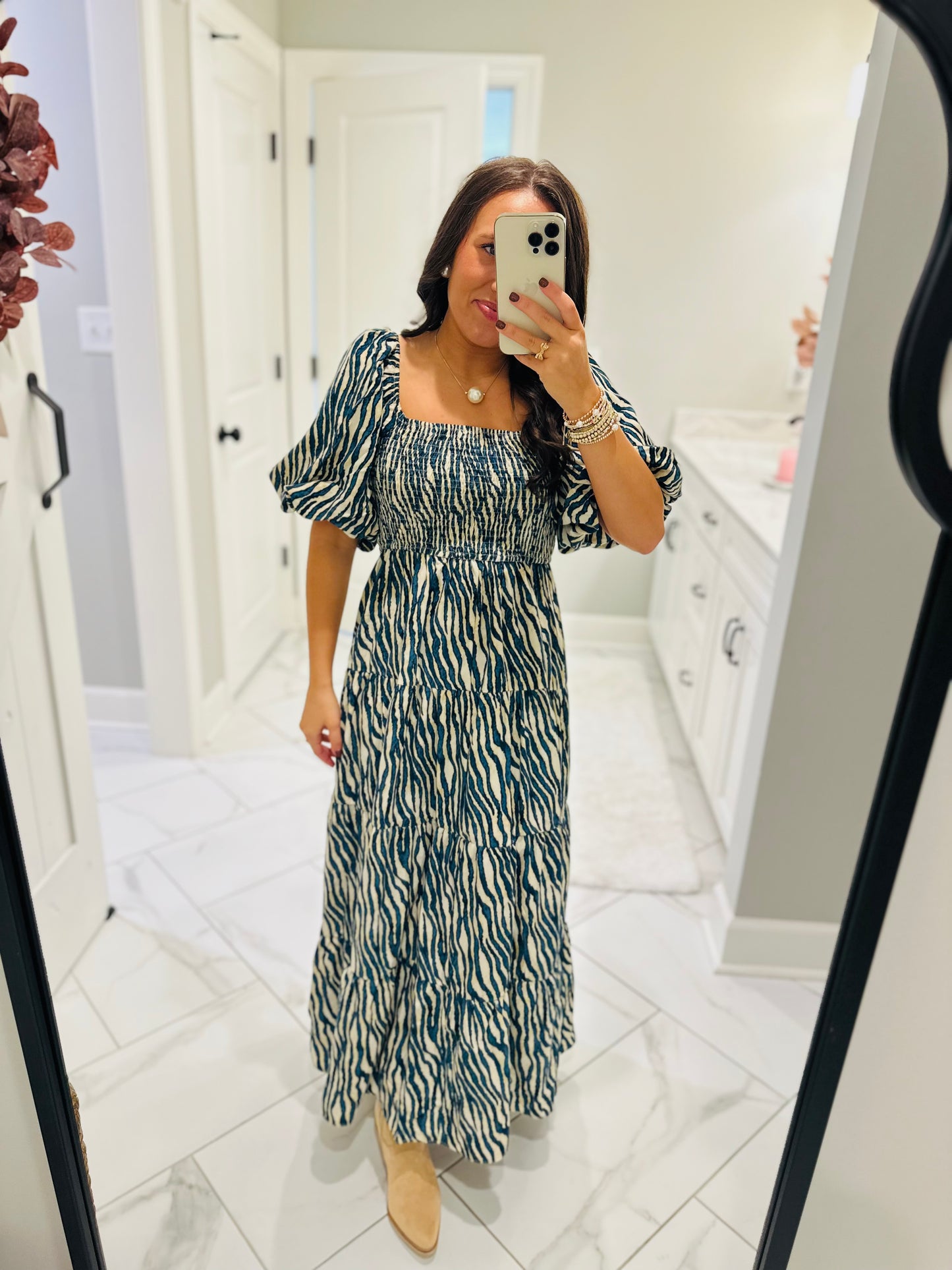 The Gracie Teal Smocked Midi Dress
