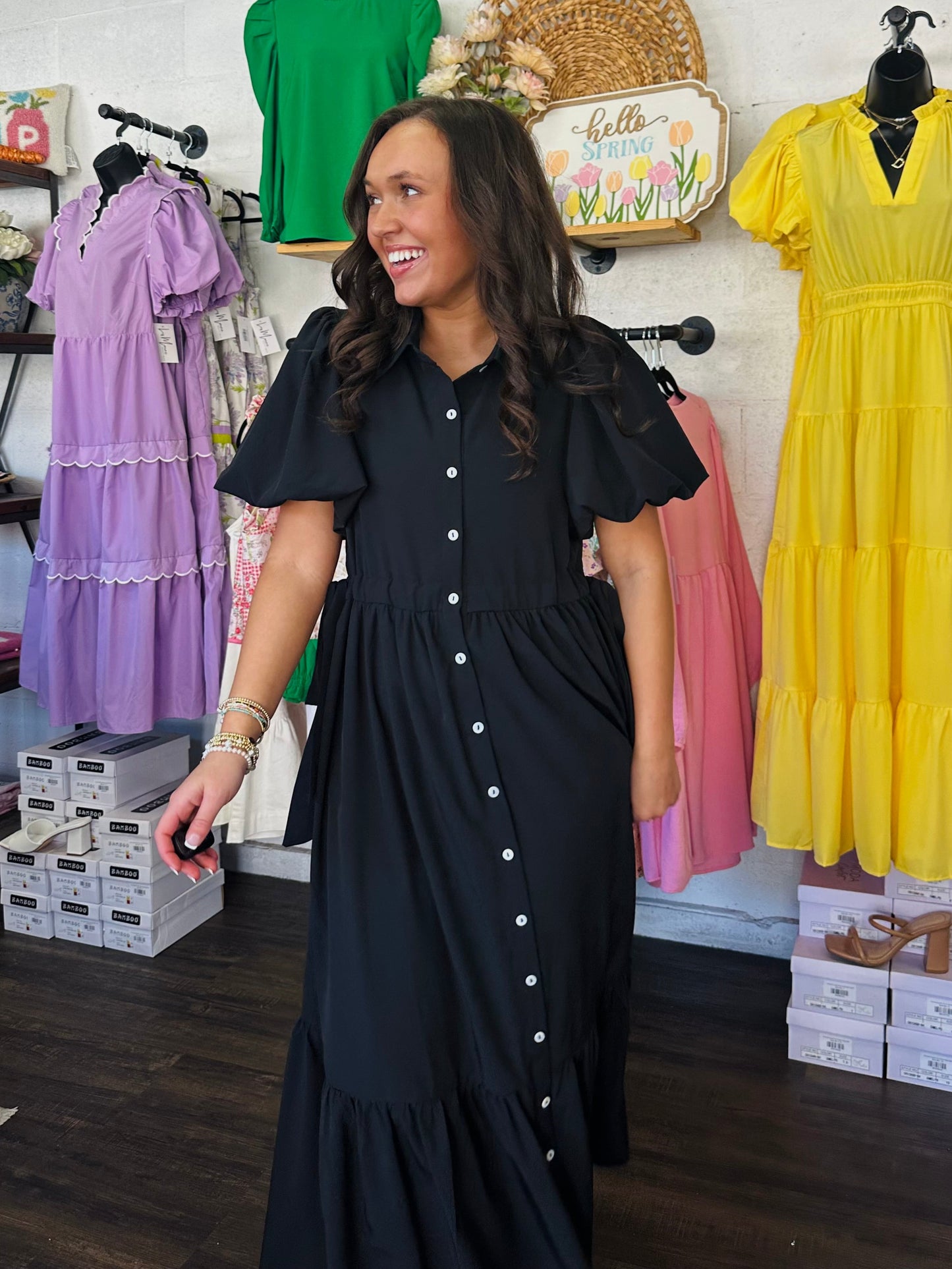 The Cali Black Button Front Midi Dress