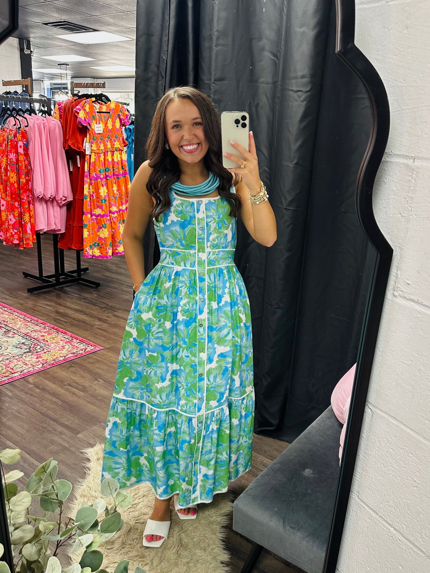 The Lakelynn Green Aqua Floral Midi Dress