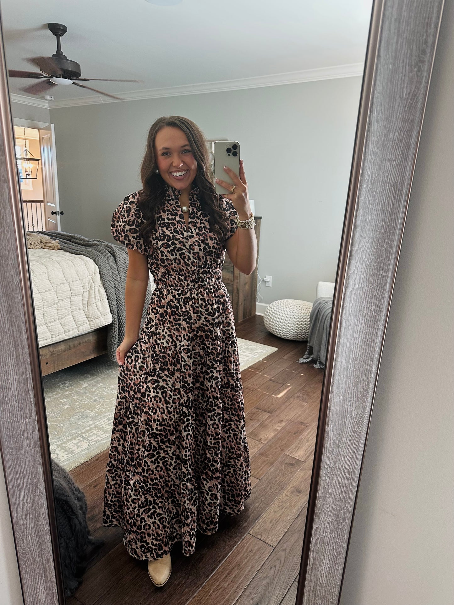 The Elizabeth Leopard Print Puff Sleeve Midi Dress