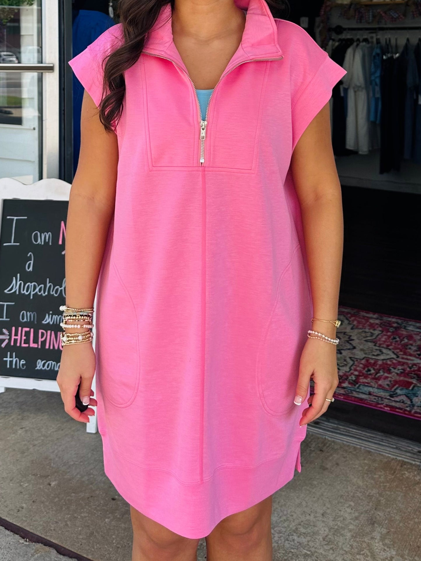 The Annie Bubblegum Pink Quarter Zip Dress