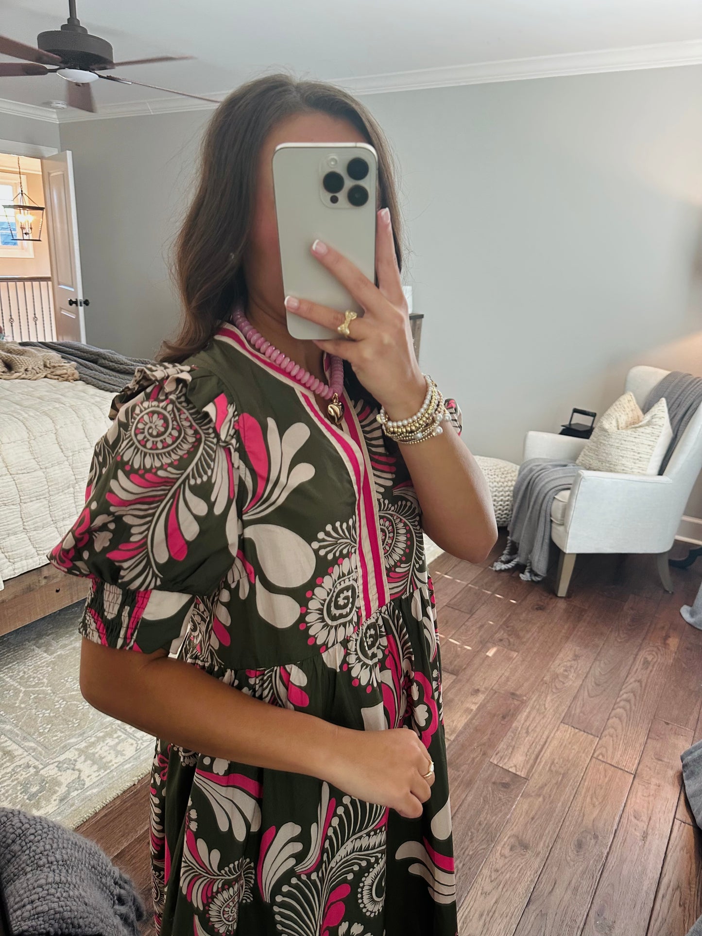 The Anne Olive Green + Pink Midi Dress