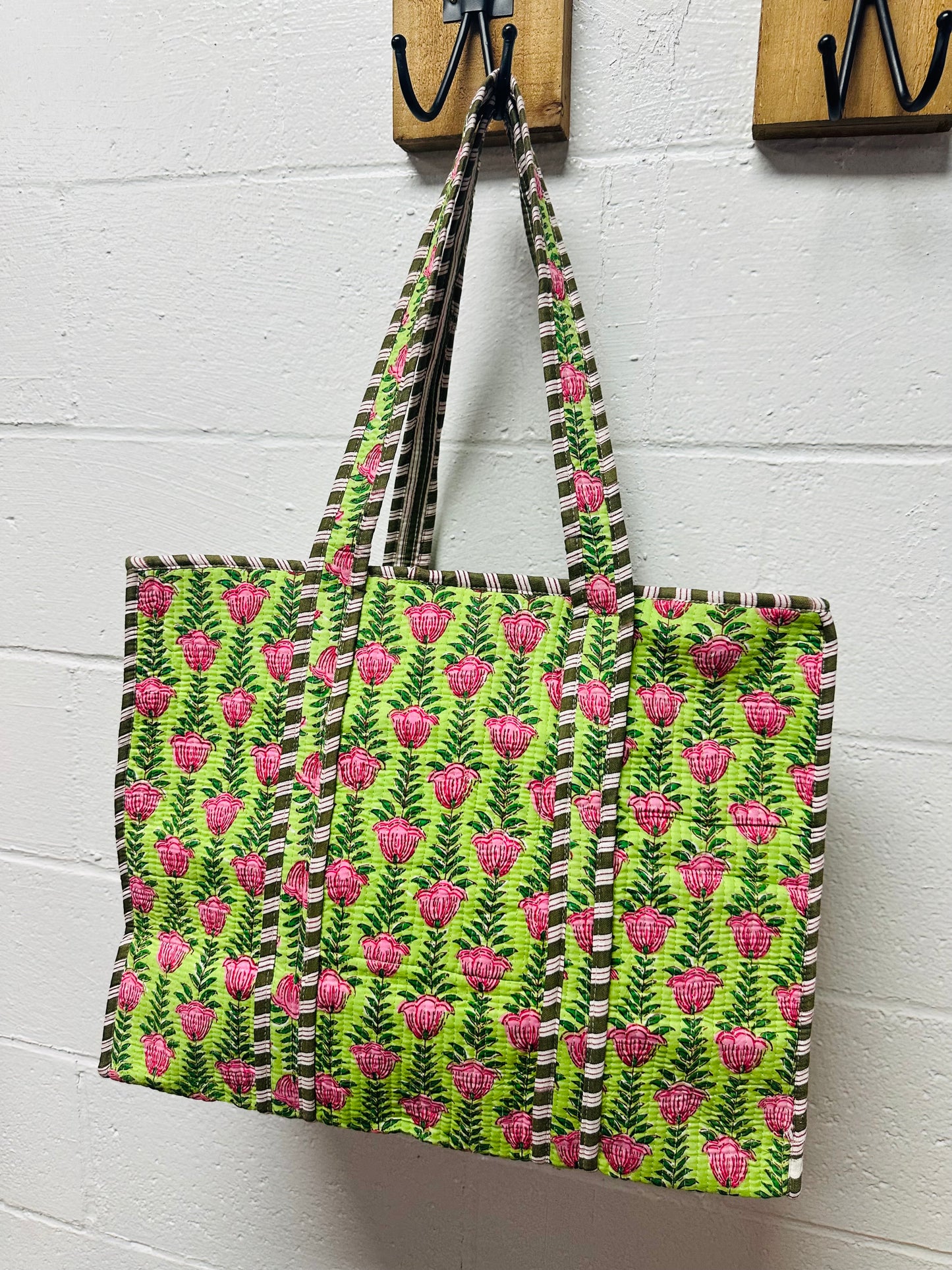 The Green + Pink Ivy Floral Quilted Tote Bag