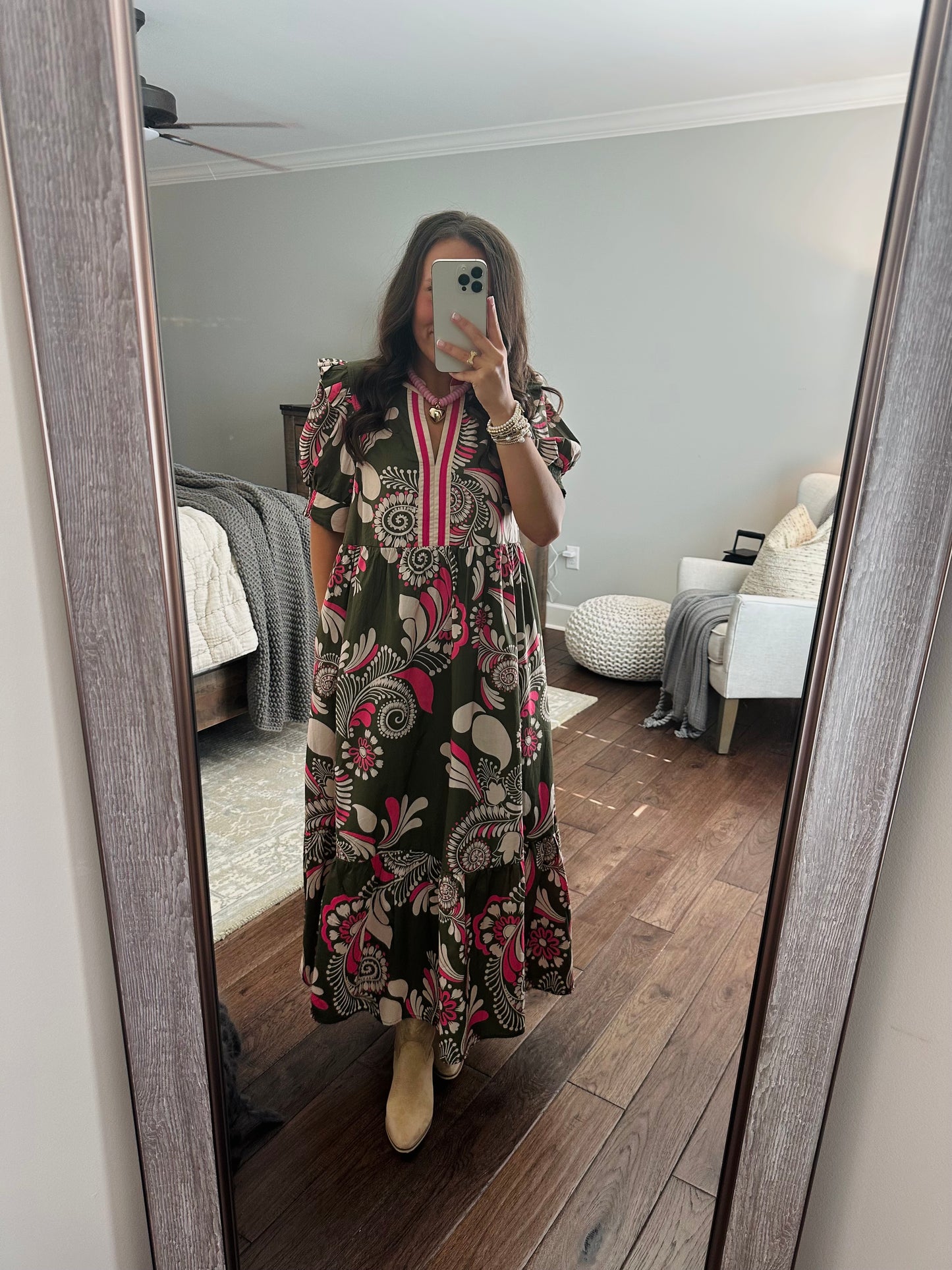 The Anne Olive Green + Pink Midi Dress
