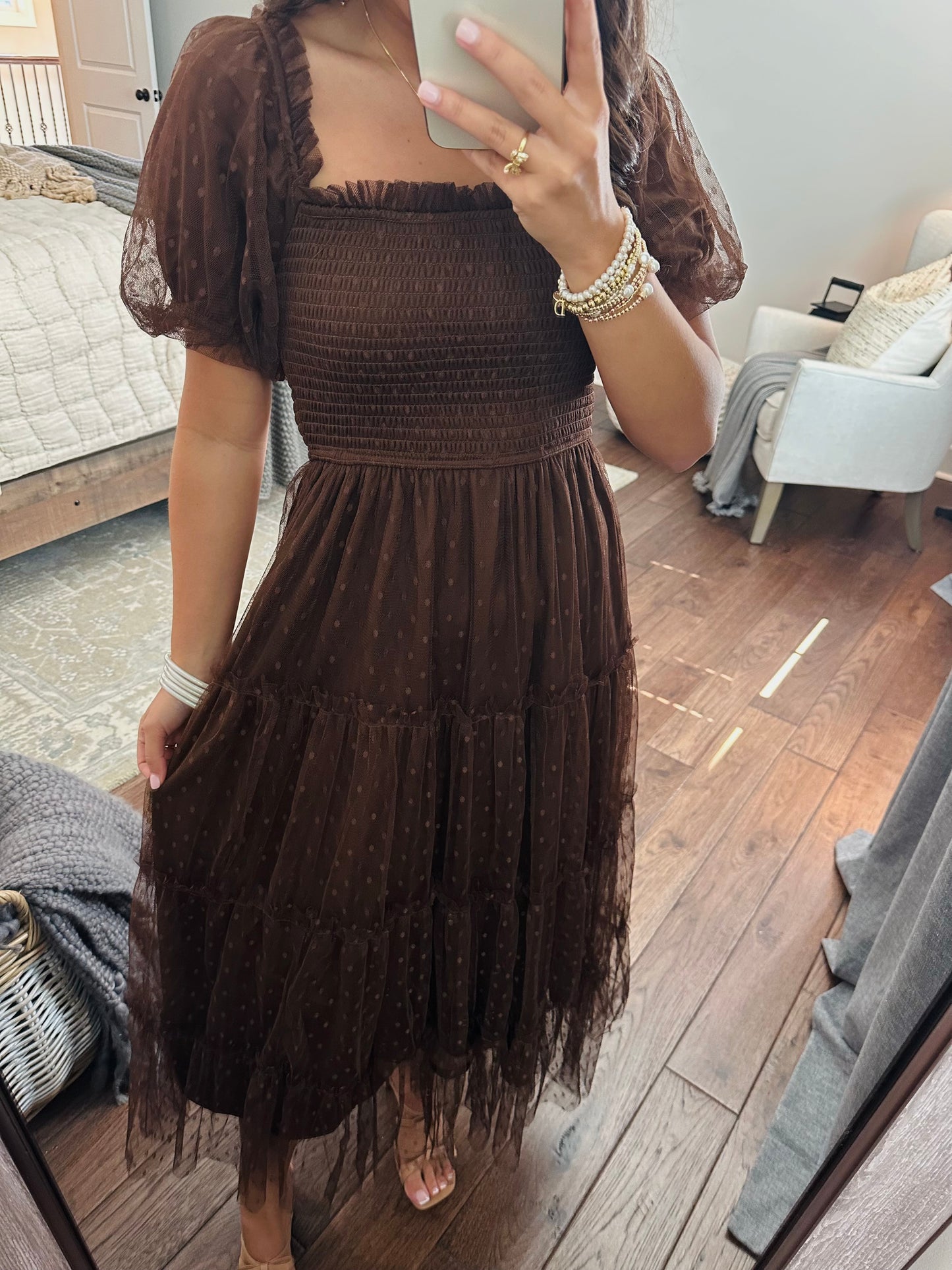 The Autumn Brown Polka Dot Chiffon Puff Sleeve Midi Dress