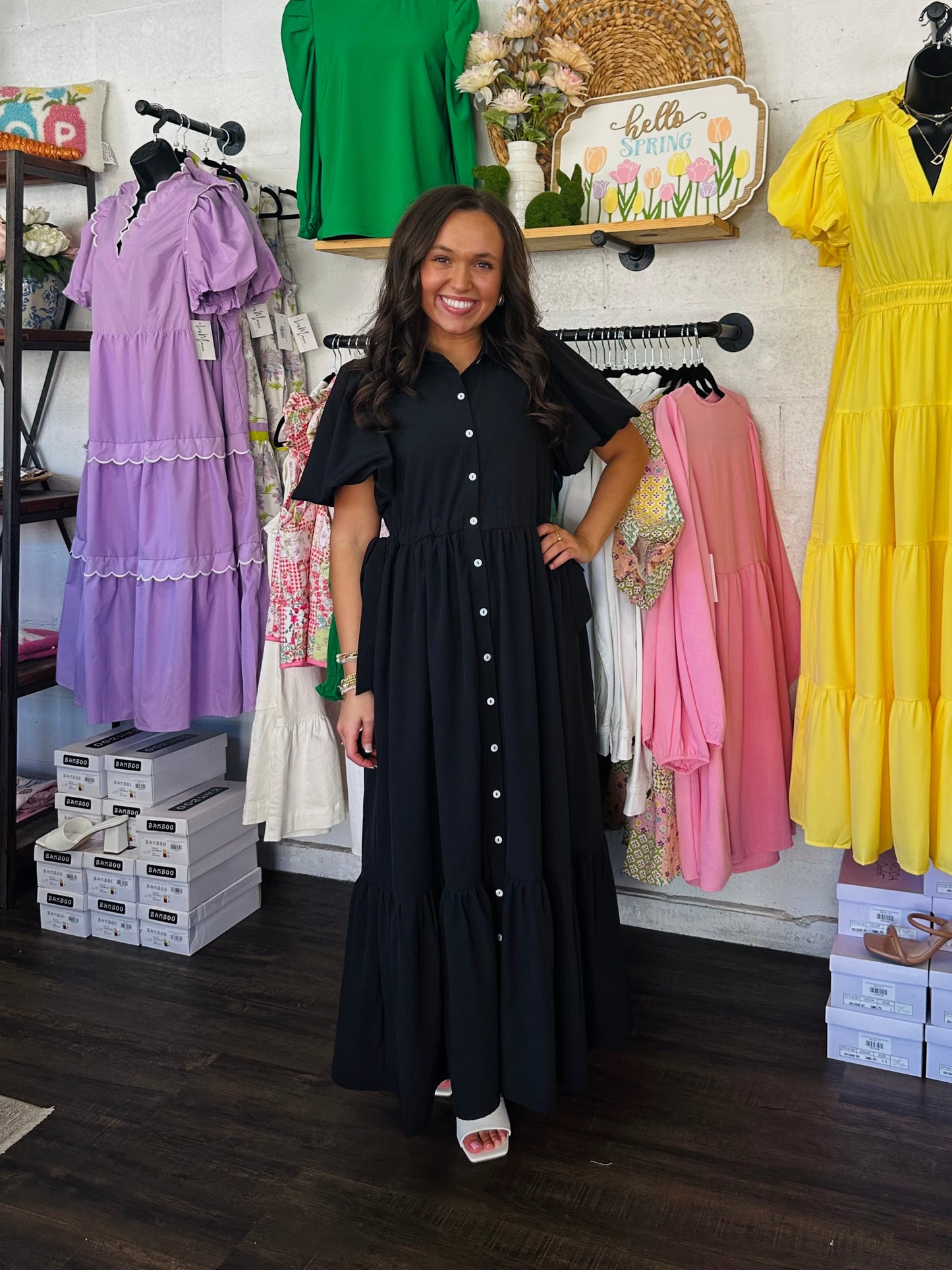The Cali Black Button Front Midi Dress