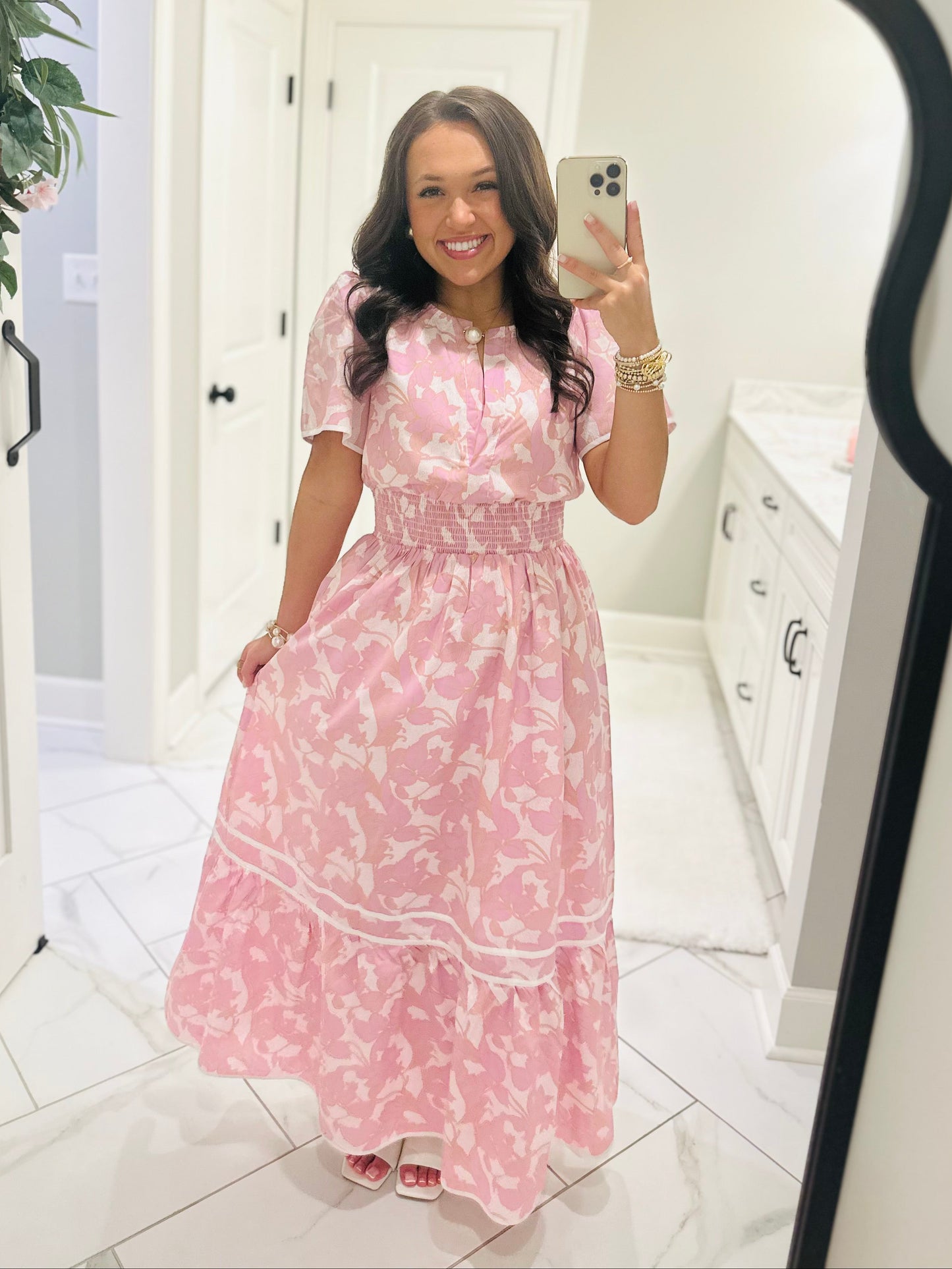 The Delaney Pink Floral Smocked Midi Dress