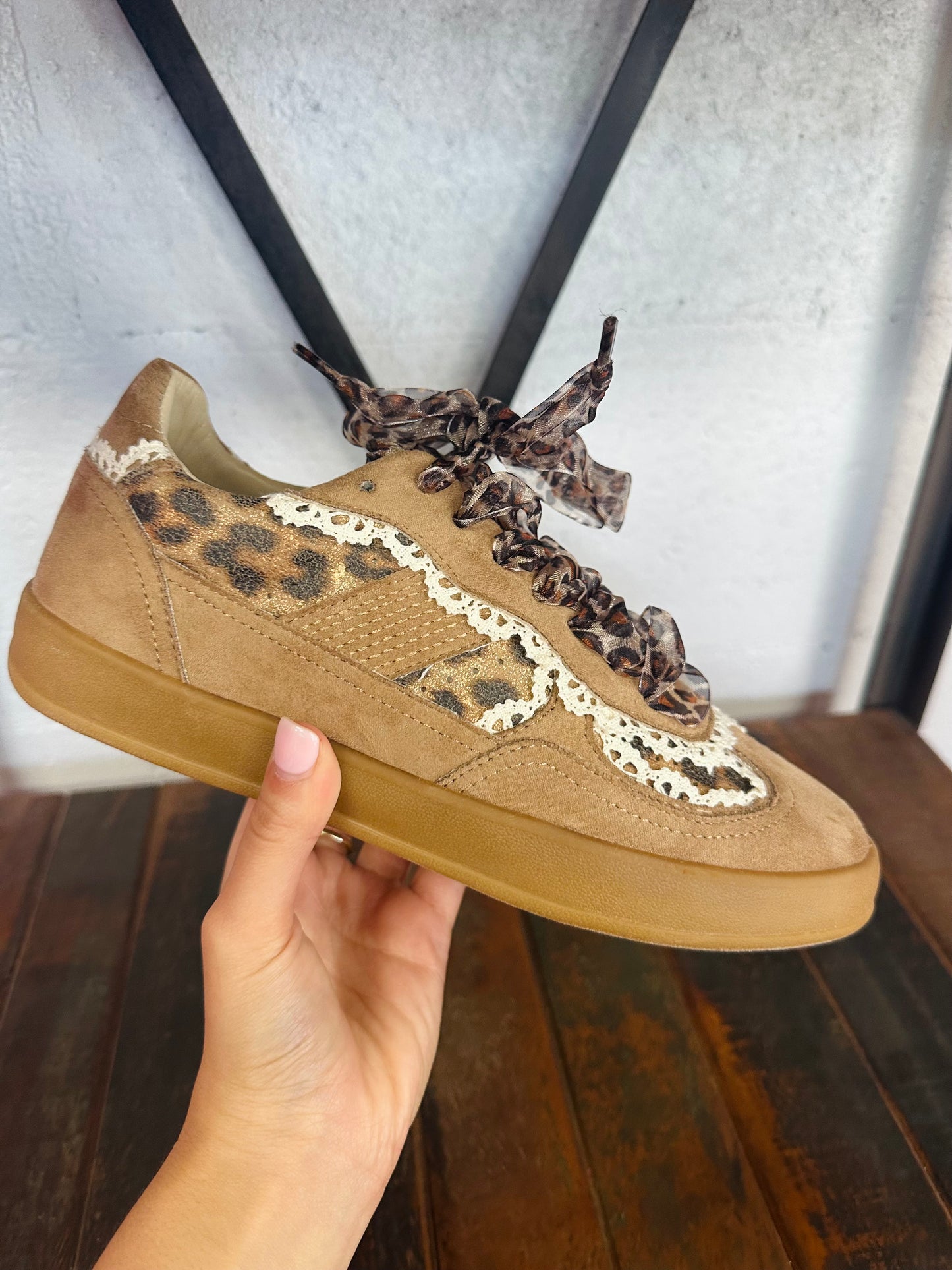 The Eleanor Camel Leopard Lace Trim Sneaker
