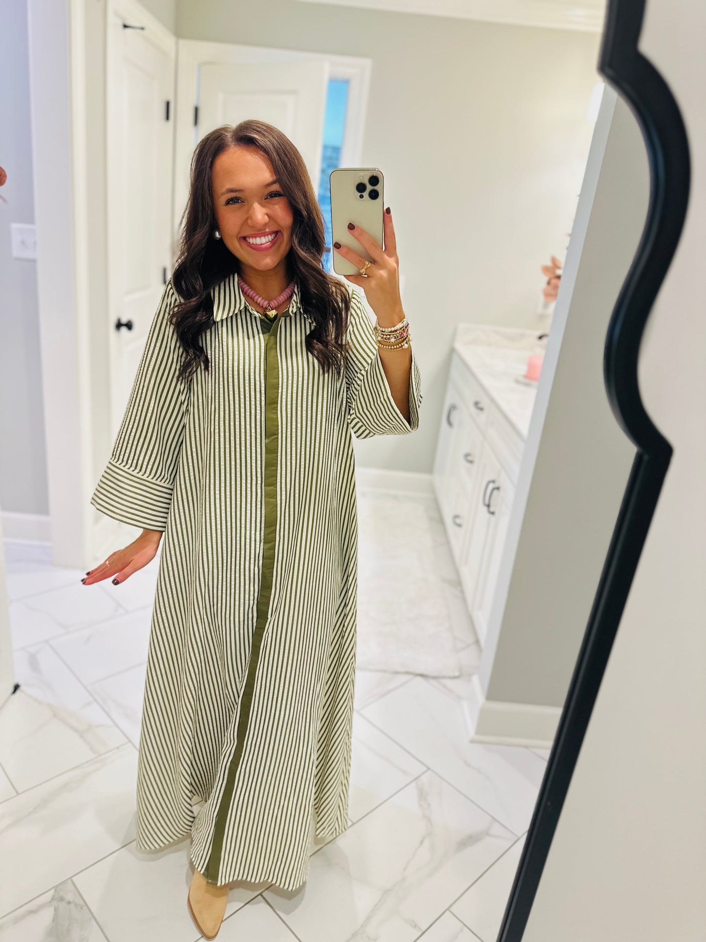 The Nora Olive Green Striped Midi Dress